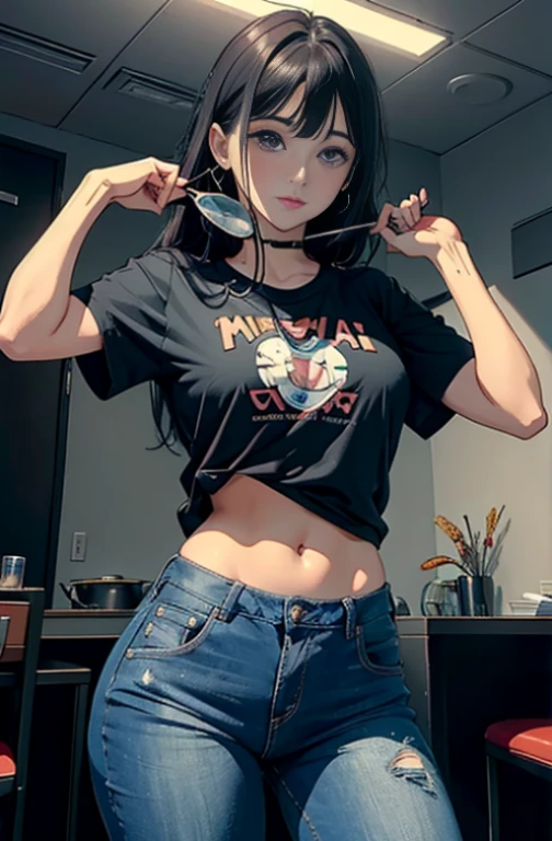 18-year-old female、Twin tails、Hot pants on a t-shirt、A typical teenage girl's room、Playing guitar、Headphones are hanging around your neck
