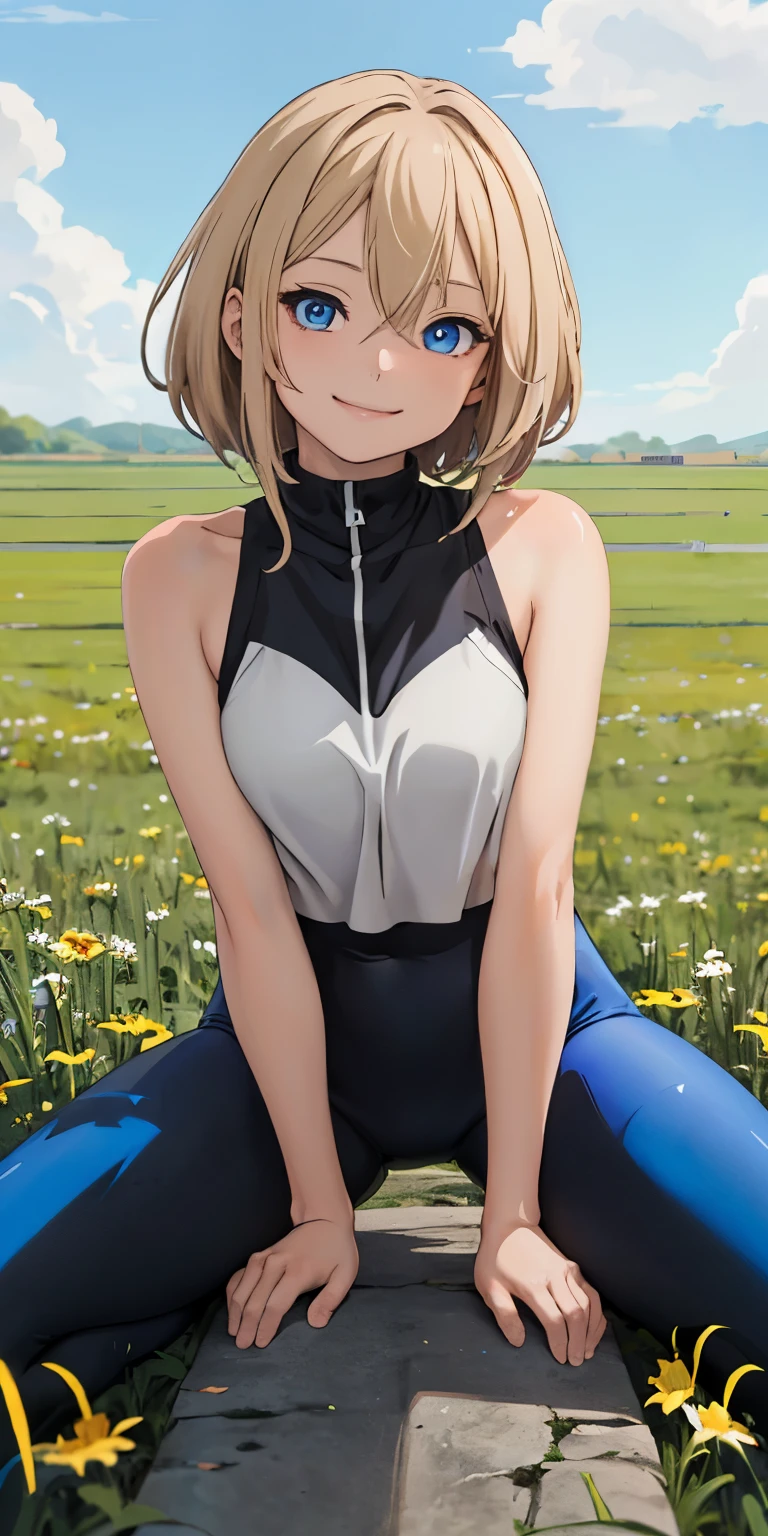 (best quality,anime style,blue eyes,detailed eyes,medium hair,light hair,loose hair,field,smile,leggings,open legs) straddling, girl on top