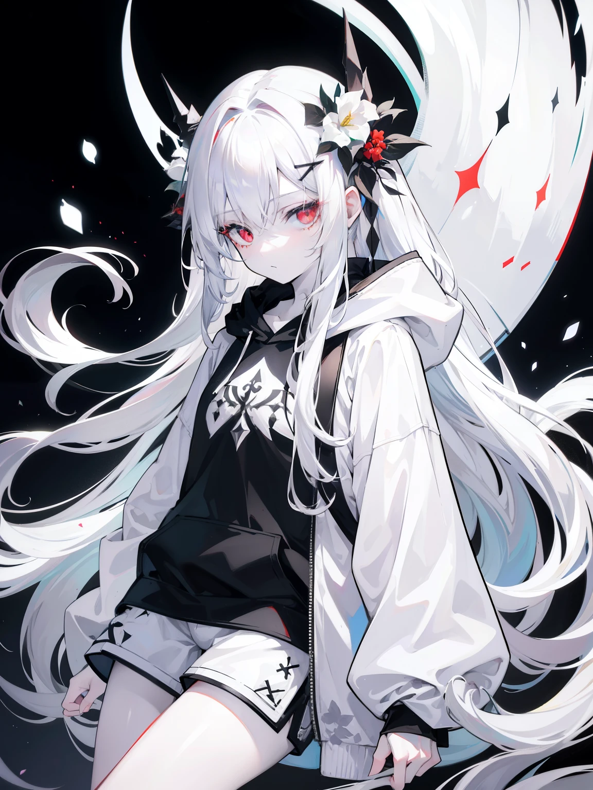 pale skin, white hair, black hoodie, white flower, There are flowers on the head, Double tail, Change, alone,{{best quality}}, {{masterpiece}}, {{Super detailed}}, {illustration}, {detail light}, red eyes,long hair,shorts