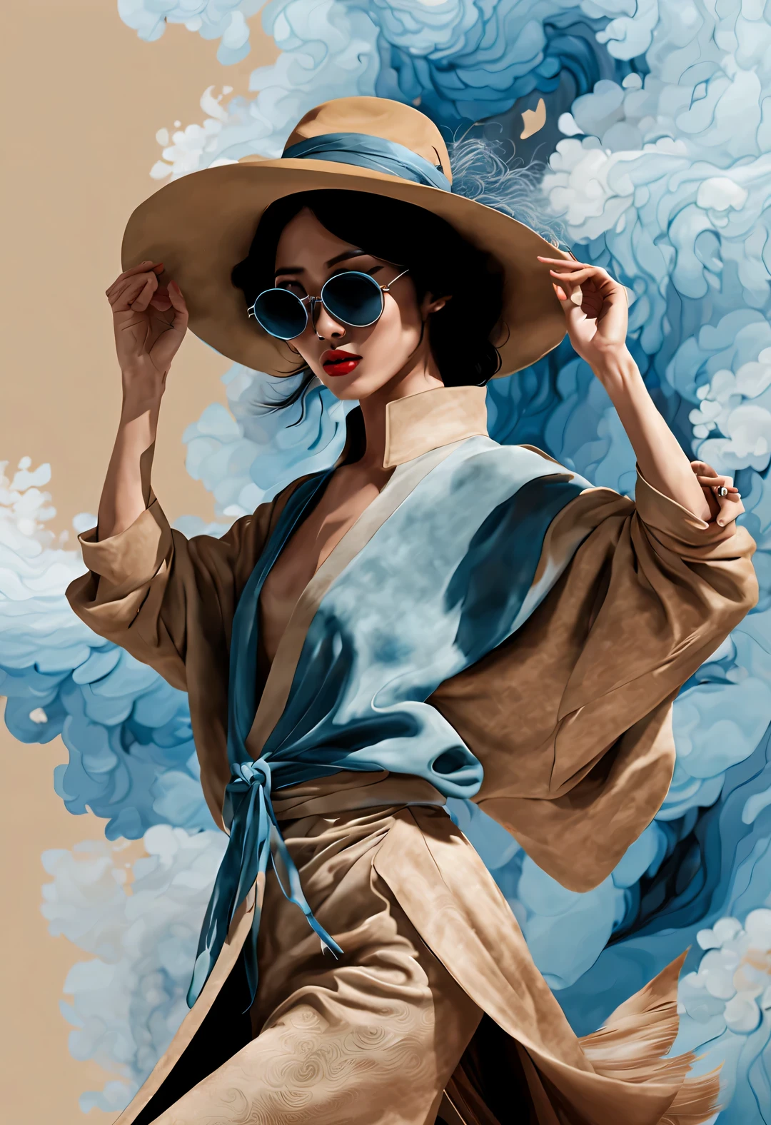 (Modern art dance simple poster design), (Half-length close-up), (Beautiful Chinese girl dancing in the air), (Wearing sunglasses and a hat: 1.2), (Clever use of warm camel and soft ice blue), With rich wool texture and fur elements, Create a warm, timely winter-inspired look, (briefcase dance: 0.85), Wear modern and stylish winter fashion, thin waist, high nose bridge, Head up posture, sad yet beautiful, slender figure, Exquisite facial features, correct finger,
swirling fog illustration, ink painting, black hair, Princess curly long hair, Proud, Surrealism, contemporary art photography, action painting illustration, abstract expressionism, Pixar, depth of field, motion blur, backlight, Fall out, decline, Elevation viewing angle, Sony FE General Manager, ultra high definition, masterpiece, Accuracy, textured skin, Super details, high detail, high quality, Award-winning, best quality, Level, 16k, Shot from a bottom-up perspective,