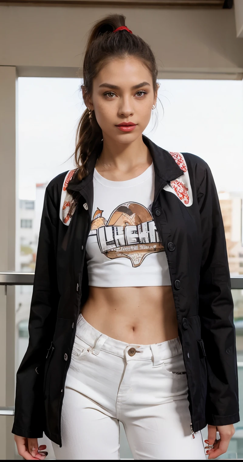 Beautiful skinny girl, elongated face and thin chin, freckles, brown ponytail hair, brown eyes, red lipstick, beautiful makeup, white skin, with patterned t-shirt , black pants, a black jean coat , sexy style