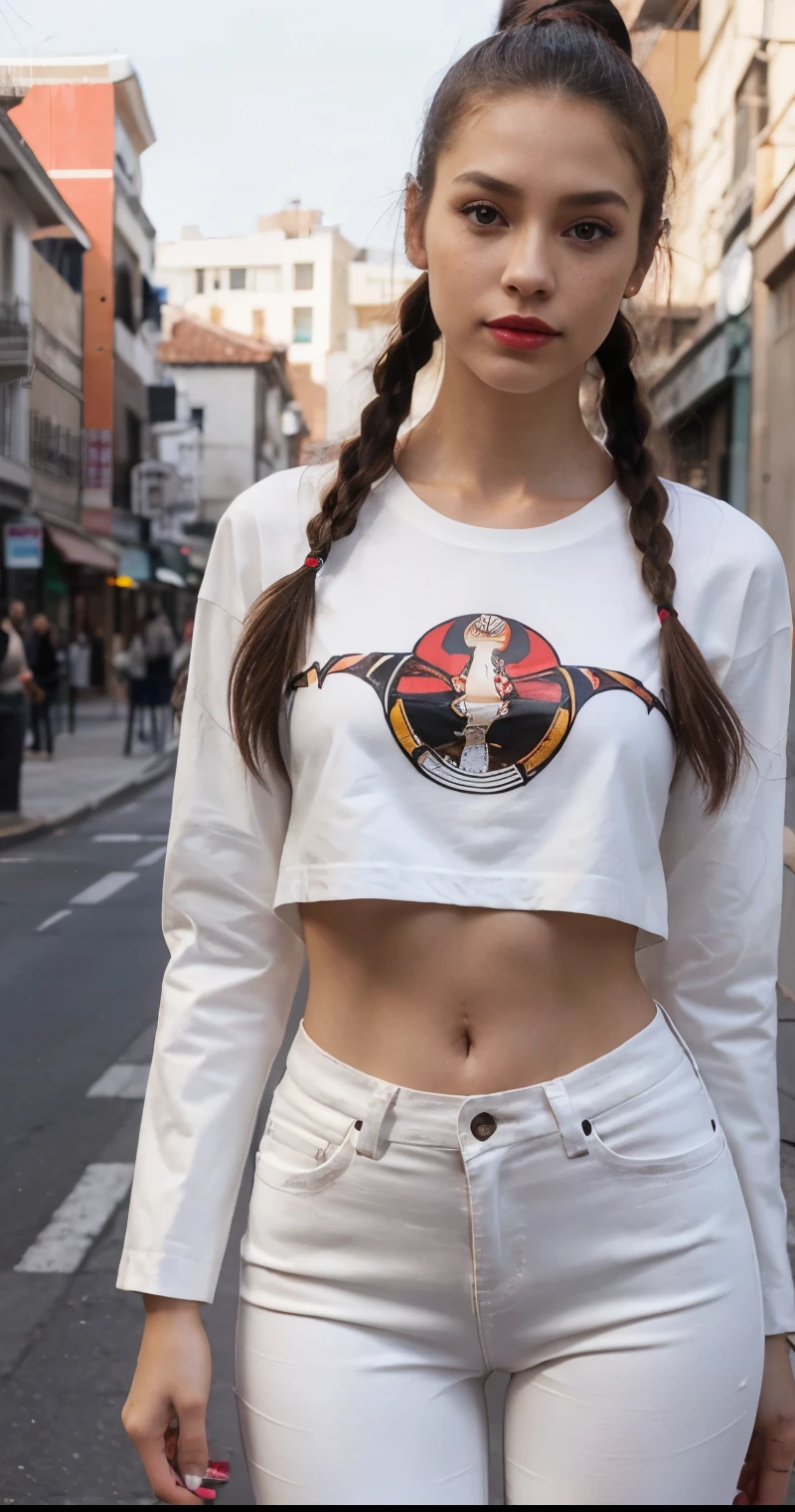 Beautiful skinny girl, elongated face and thin chin, freckles, brown ponytail hair, brown eyes, red lipstick, beautiful makeup, white skin, with patterned t-shirt , black pants, a black jean coat , sexy style