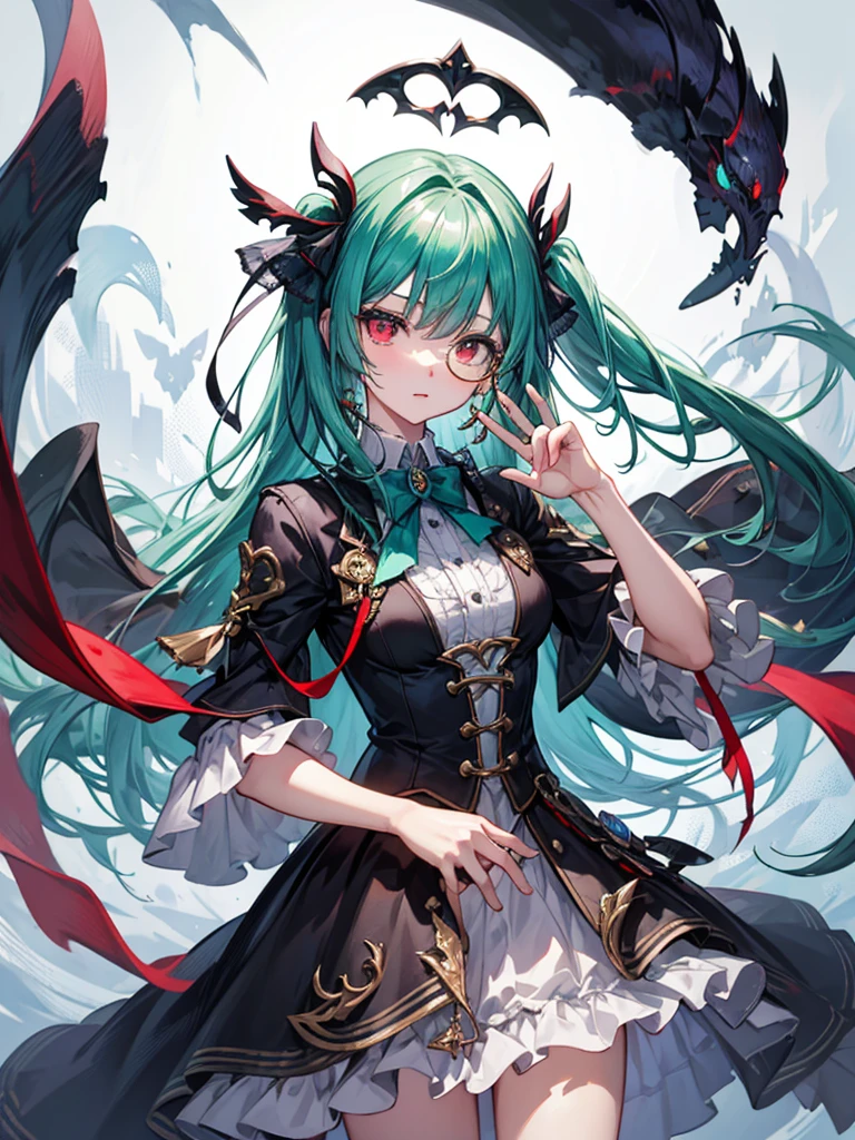 （（（masterpiece、Highest image quality、highest quality、highly detailed unity 8ｋwallpaper）））、（（Illustration of one girl））、（（（beautiful girl）））、（Emerald green hair、sidelocks：1.2、red eyes）、（（（Black top hat、tuxedo）））、monocle、glasgow smile