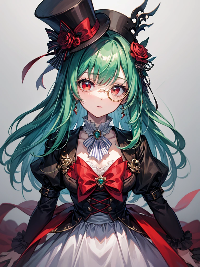 （（（masterpiece、Highest image quality、highest quality、highly detailed unity 8ｋwallpaper）））、（（Illustration of one girl））、（（（beautiful girl）））、（Emerald green hair、sidelocks：1.2、red eyes）、（（（Black top hat、tuxedo）））、monocle、glasgow smile