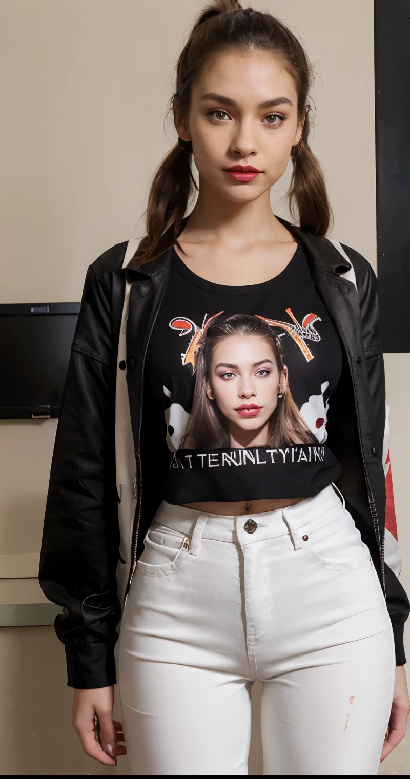 Beautiful skinny girl, elongated face and thin chin, freckles, brown ponytail hair, brown eyes, red lipstick, beautiful makeup, white skin, with patterned t-shirt , black pants, a black jean coat , sexy style