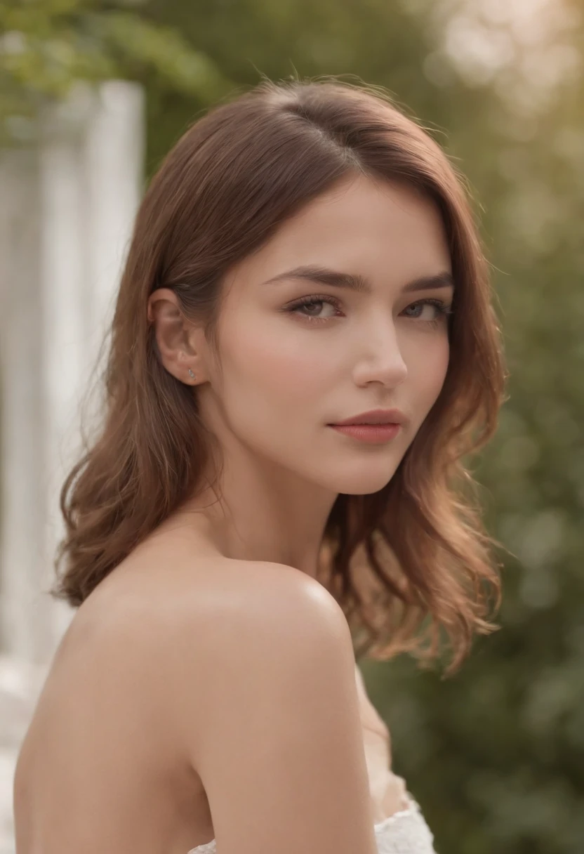 ((highest quality, 8K, masterpiece: 1.3)), sharp focus: 1.2, Beautiful woman (european) with a perfect body: 1.4, goddess: 1.2, ((layered haircut, very small breasts: 1.2)), (No bra) (small and beautiful hard nipples) (thin, buttons wet to shirt length: 1.1), Highly detailed face and skin texture, fine eyes, double eyelid, sunburned skin, sexy, tan, perfect skin, exposed shoulders, neckline, on the road