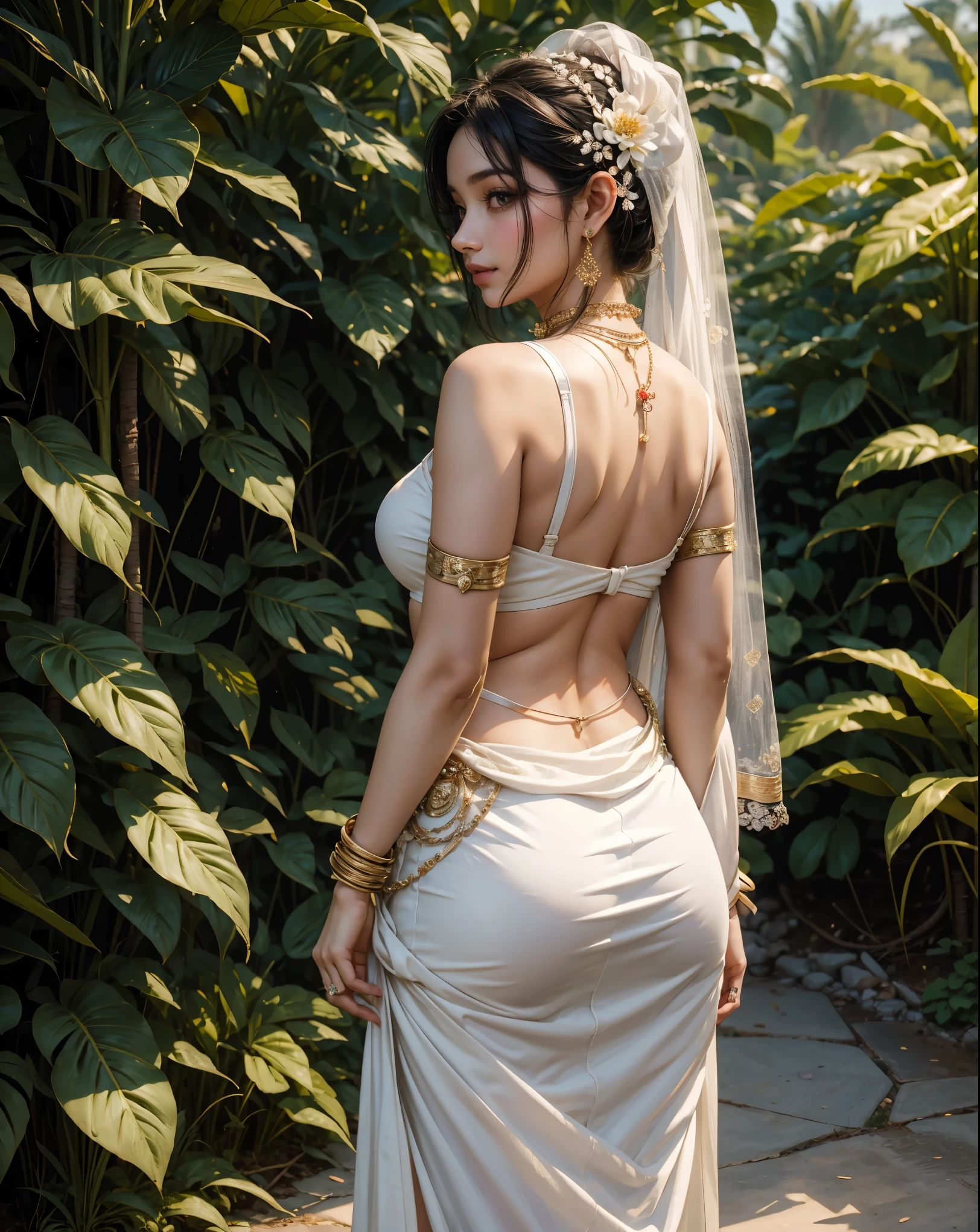 a woman with a flower in her hair, indian girl, front view, big huge , mini white skirt, sakimi chan, yami kawaii, 1, kimi takemura, thick bow, streaming on twitch, meg kimura, backshot, studio kai, ayaka, patreon content, takada akemi, bangkuart, electrixbunny, very round, indian idol, bian luan a woman in a white sari, beautiful smile, indian goddess, assamese aesthetic, wearing bihu dress mekhela sador, sari, madhubani, traditional beauty, dayanita singh, beautiful model girl, nakolki, wearing sari, assamese, gold madhubani, silver white details, white color scheme, japandi, background: assam tea garden