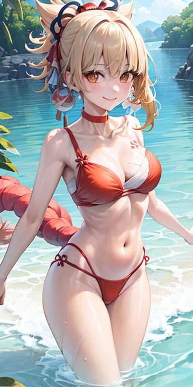 Two girls of the same height smiling in the water in the bathtub,No teeth exposed. Female twins, bright colors,natural lighting, best quality, Chest to chest, hug each other with arms'waist, sunny masterpiece, Navel exposed, blush, Navel exposed, swimsuit, full, Excellent, The breasts are next to each other, Strong and slender