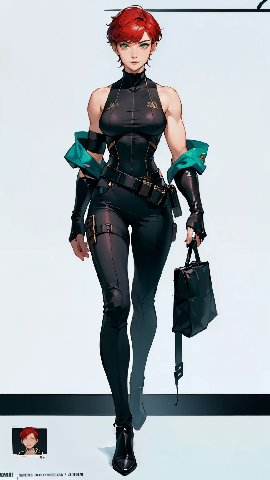 ((masterpiece,best quality,8k,highres)),((character concept art)), 1 female, young adult female, secret spy agent, 175 cm height, (extreme short pixie cut hairstyle), tomboy hairstyle, (apple red hair colour), ultra finely detailed eyes (green eyes colour), extraordinary gorgeous, charming, smirk smile, warm smile, gentle smile, perfect body build ((muscular)), ((intricate detail)), super finely detailed hands, ultra finely detailed fingers(((ten fingers))), sleeveless secret spy agent outfit (black outfit colour), pouches on waist, tool belt, black boots, (standing still), (full body showcase), (show full body), (no logos on background), (no logo), ((plain background)), ((plain background)), (((empty background)))