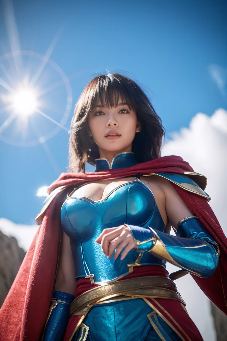 8K、Big Super Detailed、masterpiece、highest quality、(very detailed)、dynamic angle、mysterious look、Wind effect、fantasyの背景、rim lighting、cinematic light、high resolution、8K UHD、film grain、best shadows、delicate、born、particles of light、fine skin texture、Detailed armor texture、detailed face、Complexディテール、super detailed、shine、strong fraud、blue armor with gold trim、(hold the sword up in the air)、Slash Action、big and full breasts,Scapula、shining eyes、 red cloak、fantasy、(bornきbornきとした)、armor on the shoulders、Complex、Complex、perfect lighting、looking at the viewer、movie lighting、flying in the sky、Flight、holy light、wonderful、bangs、the wind is strong、Frozen mountains々々、white wavy long hair、Rich Queen,Sexy,attractive,Precision Decoration Chest Armer,
