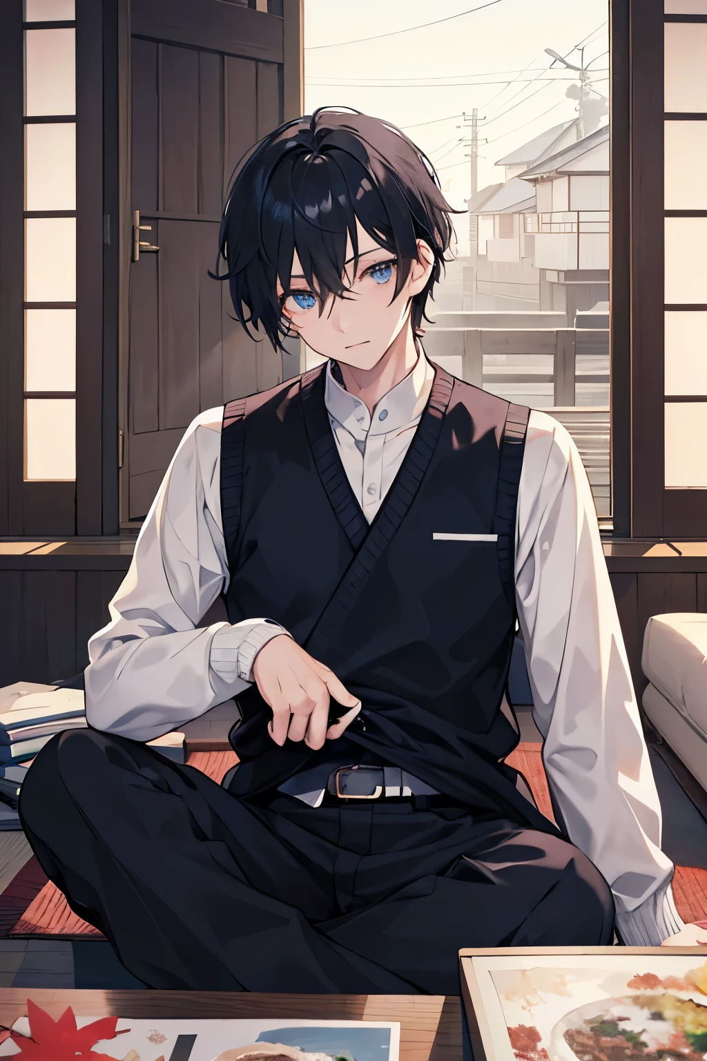 male black hair blue eyes sweater Check slacks vest coat sit sky at dawn Inside the building Japanese-style house plush furnishings 机にsit draw letters masterpiece Highest image quality noise removal clear parts cinematic shadow Increased attractiveness of the eyes clear parts the shine of the eyes Draw eyelashes neatly perfect eyes detailed eyes Sharpen image quality Sharpen eye writing clear parts eye shape