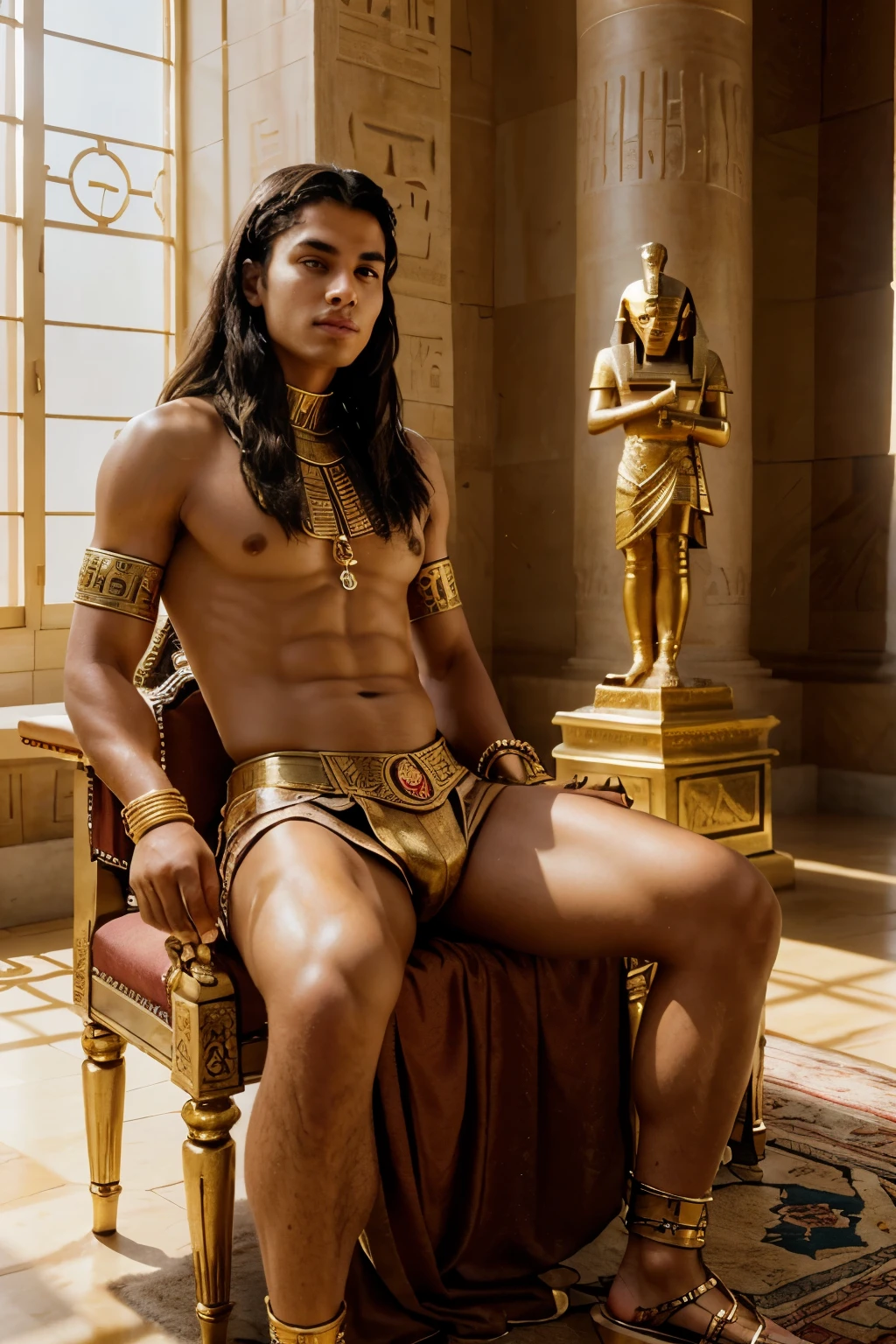 A photo-realistic image of a young, handsome 18-year-old boy, dressed in extravagant attire reminiscent of the pharaoh Tutankhamun. He is seated majestically on an opulent throne, adorned with intricate designs. The boy wears gold bracelets on his beautifully sculpted legs. The scene is bathed in sunlight, creating a warm and radiant atmosphere. The throne is placed in a grand, ancient Egyptian-style hall, with hieroglyphics and statues adorning the walls. The sunlight filters in through large windows, casting dramatic shadows and highlighting the golden hues of the scene. Taken with: High-resolution photography, DSLR camera, wide aperture for depth of field, natural lighting.