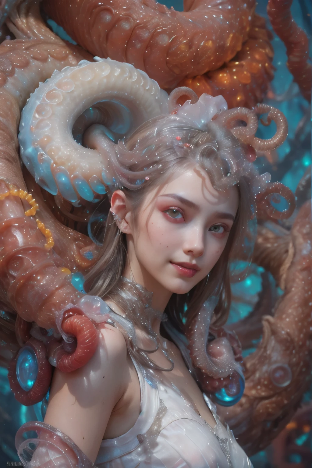 scary and sexy detailed art in color, Portrait, (beautiful and obscene female alien:1.4), (vulgarity1.7), (she has red eyes with no pupils:1.8), (Translucent white skin:1.7), (There is a female genital-like organ in the middle of the forehead:1.9), (The most beautiful face in the history of the universe:1.2),an evil gaze that seduces, (large mouth:1.1), (sharp teeth like a vampire:1.2), Full body portrait, (bio luminescent:1.5), (Smile wickedly:1.3), (sexypose:1.5), alien, No humans, cells are fused, (Lots of translucent tentacles:1.3) extraterrestrial, cell, bio image, best quality, 8K, In 4K_quality, High freshness, Dramatic Lighting, masutepiece:1.5,cinematic quality, detail up, (exquisite details:1.2), high resolution, High freshness, drawing faithfully, (Thick eyebrows:1.2), Beautiful eyes with fine symmetry,(Highly detailed face and eyes:1.2), Intimate face, (Super detailed skin quality feeling:1.4), perfect anatomy, (Beautiful toned body:1.5), (Moist skin:1.2), not wearing makeup, (dark circles:1.1), long canines, cinematic drawing of characters, ultra high quality model, cinematic quality, detail up, (exquisite details:1.2), high resolution, High freshness, drawing faithfully, official art, Unity 8K Wall paper, best quality, Very high resolution, ultra detailed artistic photography, midnight aura, unreal engine 5, Ultra Sharp Focus, art by Amano Yoshitaka, ArtGerm, Roisch, intricate artwork, best quality, masterpiece, ultra high resolution, (photos realistic:1.4), ultra realistic realism, dream-like, nautilus, Creation of fantasy, Snail, Dream Snail, (biopunk nautilus:1.3),Thrilling color schemes, ultra realistic realism, seductively smiling, Blue tentacles, Amazing mutation, well-proportioned body, goddess of the deep sea