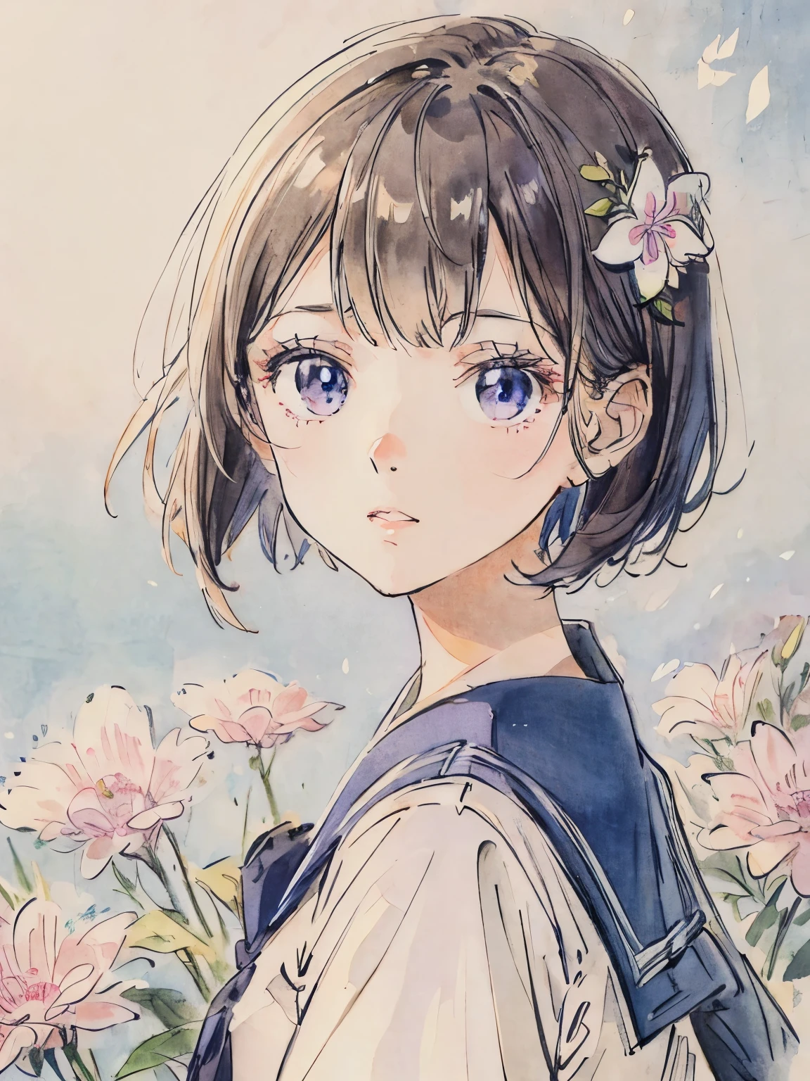 sailor suit、close up of face、soft lighting、colored pencils style、short hair、background flowers