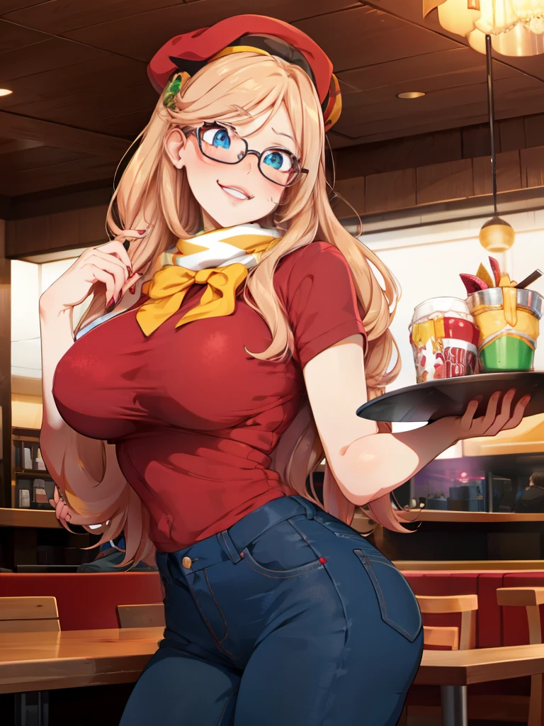 blush, glowing aura, natural light, masterpiece,  glossy skin, juicy lips , ,sexy, hot, ,  evil,juicy lips, bimbo, hour glass, blonde hair,  wide eyes, green eyes, massive boobs, dark lighting, long hair, pink bow, platform shoes, bow in hair, golden round glasses, sandy blonde hair, bimbo, cute, evil smile, no hair on forehead, no fringe, juicy lips,  red shirt, fast food worker, name tag, hat, scarf tie, yellow scarf tie, holding food and drink, holding tray of food, black striped jeans, 