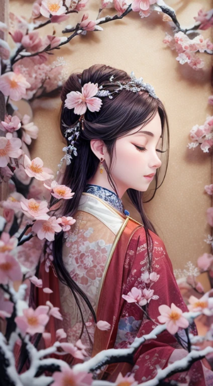 illustration: 1.3), Paper art, 3d rendered, , (Beautiful side face，closing eyes:1.3), (masterpiece plum blossoms:1.2)(masterpiece snow:1.2) , fancy, best quality, detailed details, masterpiece, official art, movie lighting effects, 4K, Contrast , flash
