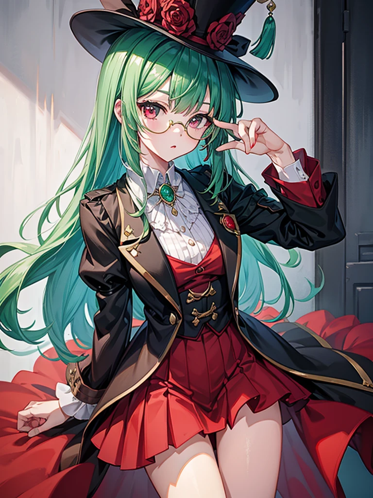 (((masterpiece、Highest image quality、highest quality、highly detailed unity 8kwallpaper)))、((Illustration of one girl))、(((beautiful girl)))、(Emerald green hair、sidelocks:1.2、red eyes)、(((Black top hat、tuxedo)))、monocle、(glasgow smile)