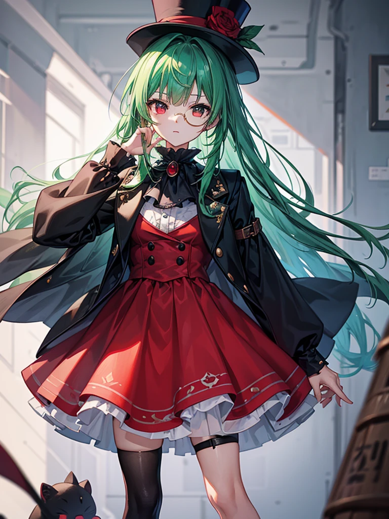 （（（masterpiece、Highest image quality、highest quality、highly detailed unity 8ｋwallpaper）））、（（Illustration of one girl））、（（（beautiful girl）））、（Emerald green hair、sidelocks：1.2、red eyes）、（（（Black top hat、tuxedo）））、monocle、（glasgow smile）