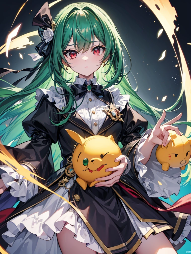 (((masterpiece、Highest image quality、highest quality、highly detailed unity 8kwallpaper)))、((Illustration of one girl))、(((beautiful girl)))、(Emerald green hair、sidelocks:1.2、red eyes)、(((Black top hat、tuxedo)))、monocle、(glasgow smile)