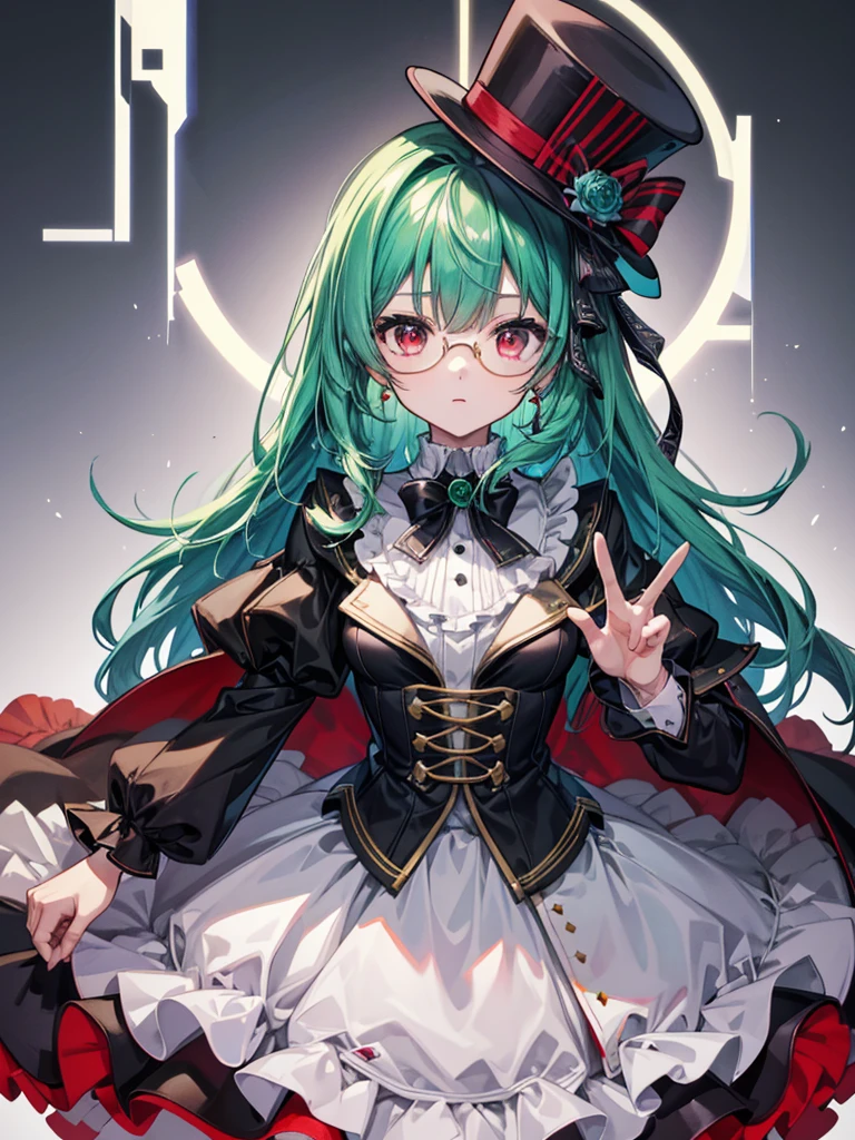 （（（masterpiece、Highest image quality、highest quality、highly detailed unity 8ｋwallpaper）））、（（Illustration of one girl））、（（（beautiful girl）））、（Emerald green hair、sidelocks：1.2、red eyes）、（（（Black top hat、tuxedo）））、monocle、（glasgow smile）