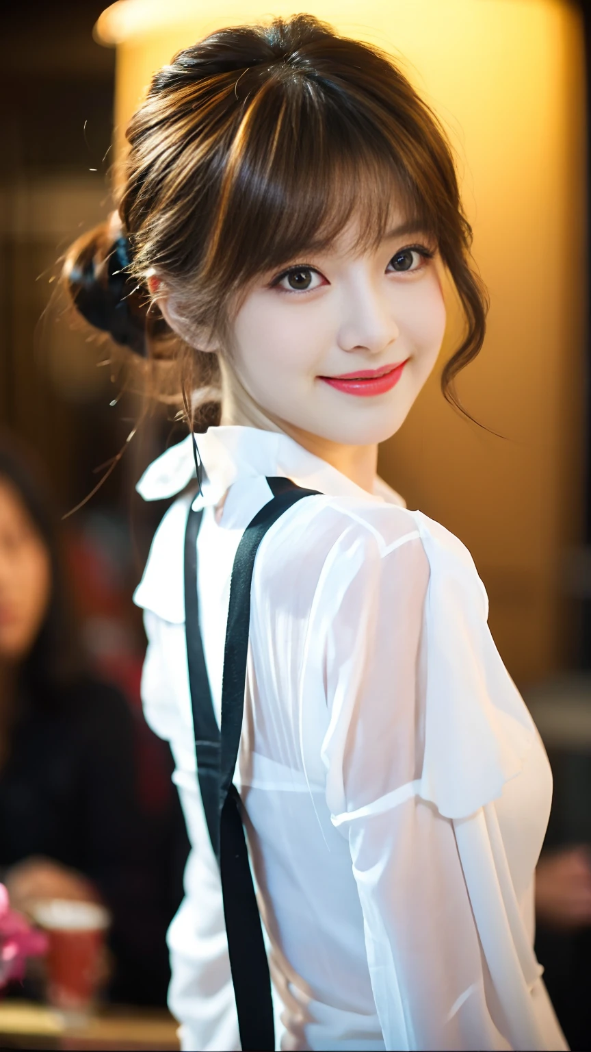 (extremely delicate and beautiful: 1.2), 1 girl, Bangs, blue eyes, Vague, Vague background, bow, brown hair, shut up, side view, hair between eyes, hair bow, lantern, light particles, long sleeves, looking at the audience, medium hair, night, red bow, alone, Star(symbol), Upper body, Smile, red lips