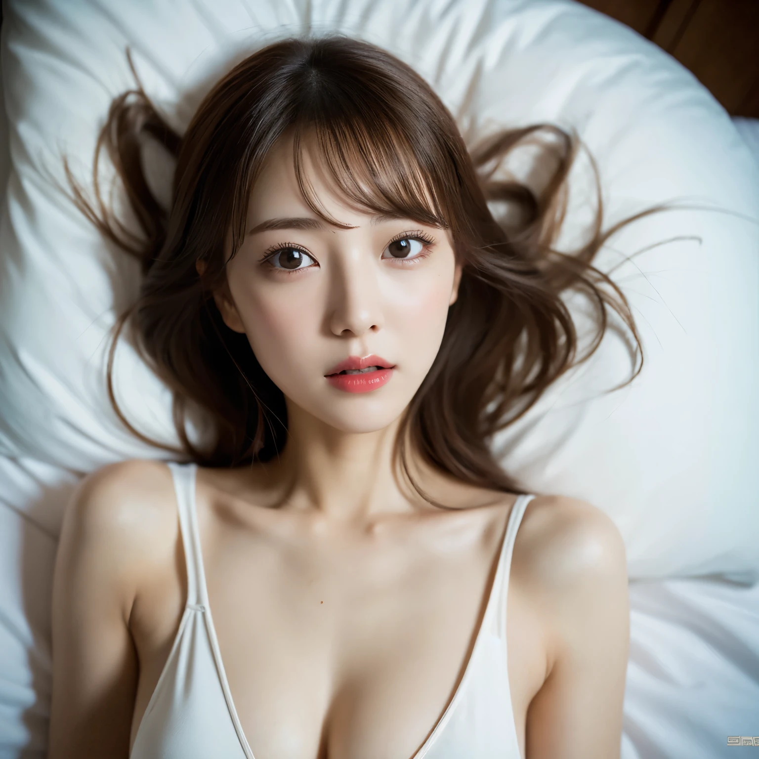 from above, face up, best quality, 32k, RAW photo, incredibly absurdres, extremely detailed, beautiful cute woman, erotic expression, huge breasts, slender, perfect proportion, blurry background gorgeous bed