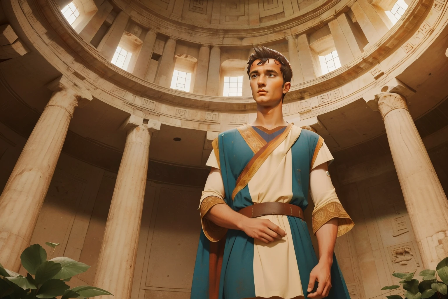 Rome, 77 BC. A young ((((23-year-old)) Gaius Julius Caesar)), standing in his dome atrium, thinking about the proposal he just received. ((((casual tunic from the 1st century BC))))