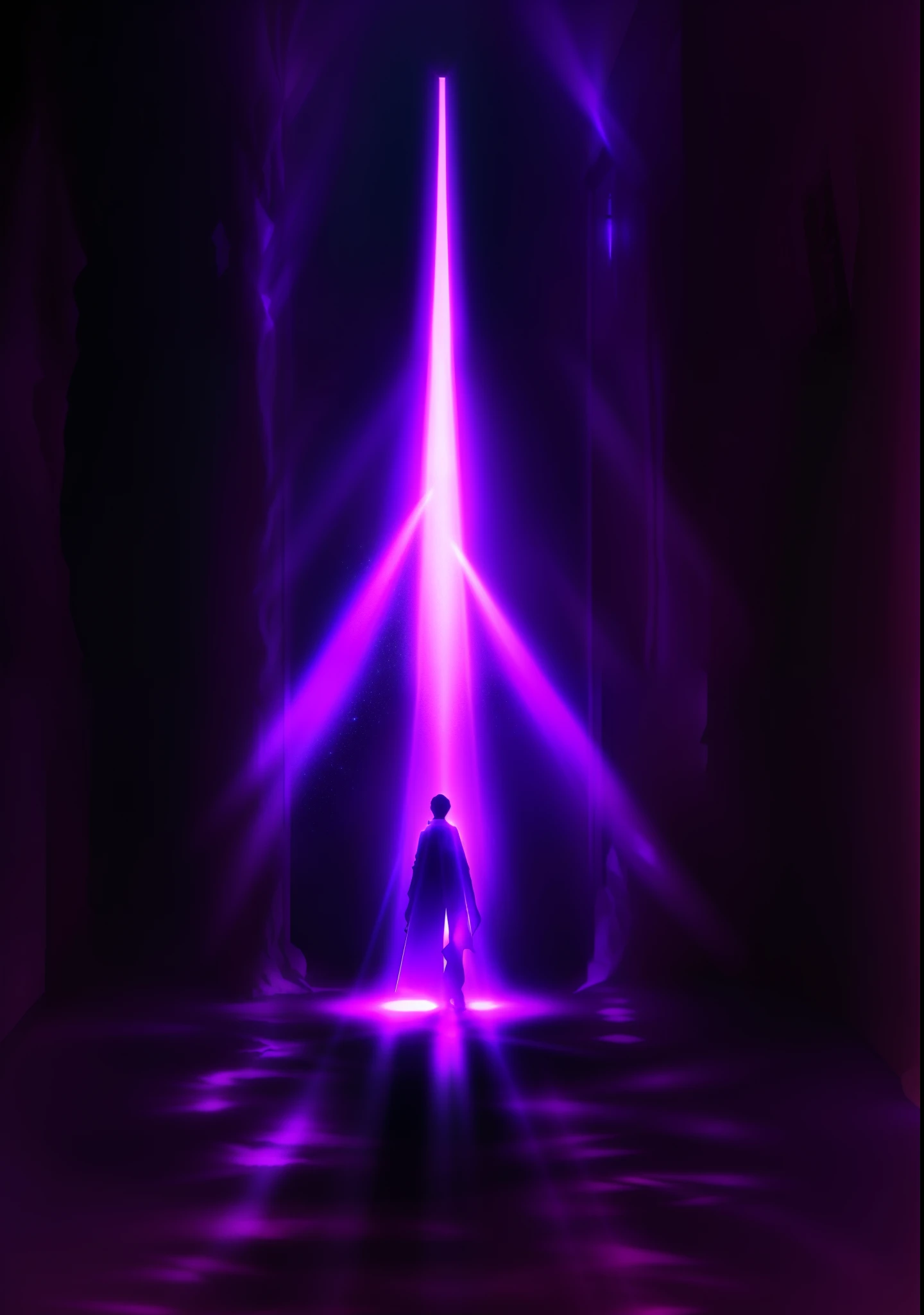 purple light shining through a dark room with a person walking in the middle, purple aura, portal to the ethereal realm, purple light, opening a shining portal, god light shafts, concept art magical highlight, portal into anotheer dimension, dramatic lighting. concept art, hard light digital painting, purple volumetric lighting, entrance to ethereal realm, shaft of light