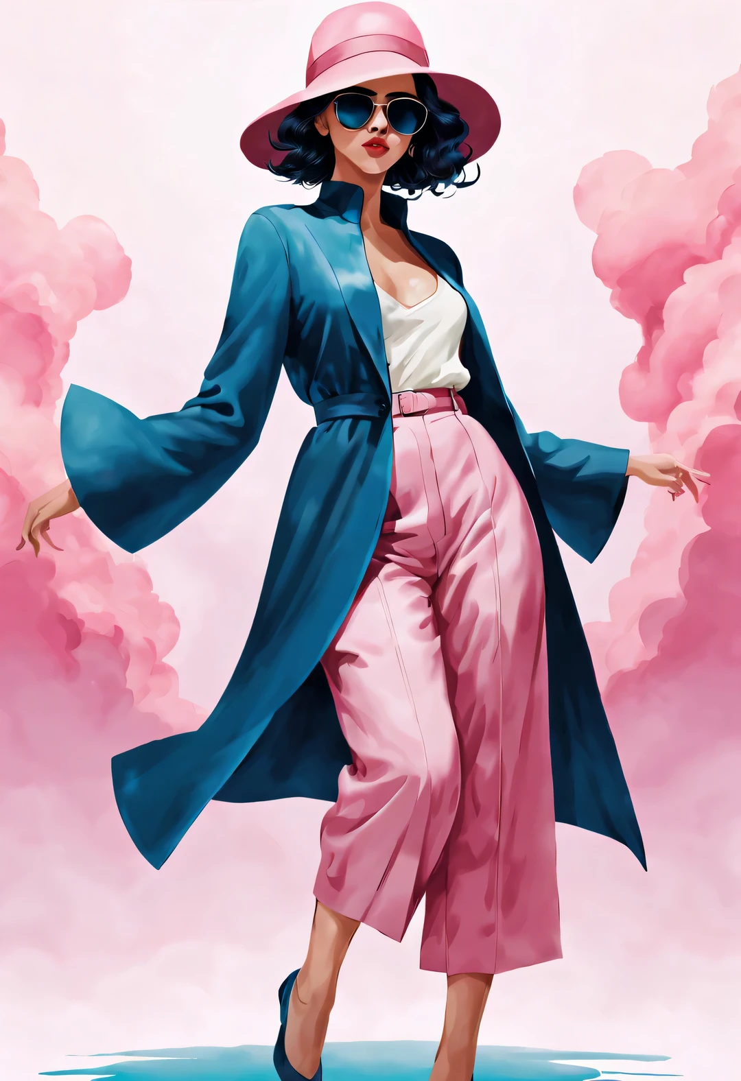 (Modern art dance simple poster design), (Half-length close-up), (Beautiful Chinese girl dancing in the air), (Wearing sunglasses and a hat: 1.2), (Soft pink contrasts with deep navy blue), Showing the warmth and depth of winter, Both fashionable and with a touch of gentle feminine charm. Wear modern and stylish winter fashion, slim waist, high nose bridge, Head up posture, sad yet beautiful, slim figure, Exquisite facial features, correct finger,
background: briefcase dance, fog illustration, ink painting, black hair, Princess curly long hair, Proud, Surrealism, contemporary art photography, action painting illustration, abstract expressionism, Pixar, depth of field, motion blur, backlight, Falling shadows, Vignetting, Elevation viewing angle, Sony FE General Manager, ultra high definition, masterpiece, Accuracy, textured skin, Super details, high detail, high quality, Award-winning, best quality, Level, 16k, Photographed from a bottom-up perspective,