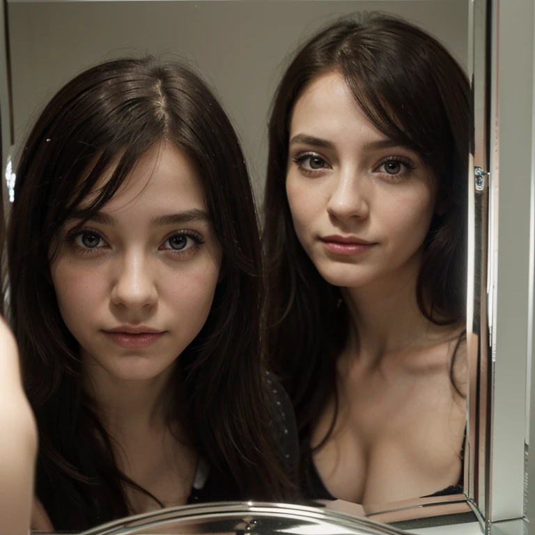 2girls,reality,photo_(medium),realistic,black eyes,lips,fantasy,charming smile,beauty in the mirror looking at you,a girl in the real world,a girl in the mirror,surrealism,Agnes Cecile style,thought-provoking and scary contrast, (mirror: 1.2), reached out and touched the mirror, long hair, twins, no makeup,8k,hd,realistic