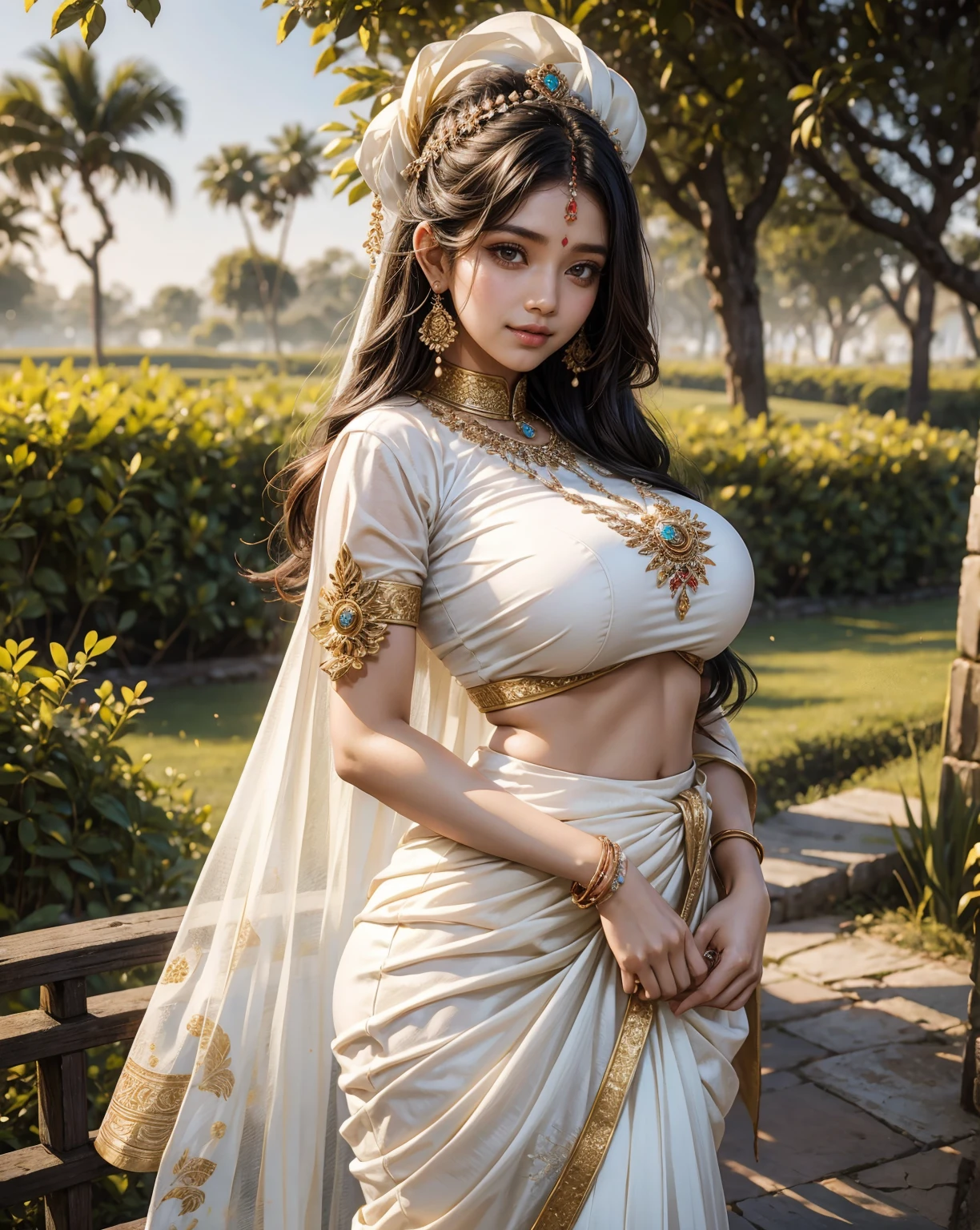 a woman with a flower in her hair, indian girl, front view, big huge boobs, mini white skirt, sakimi chan, yami kawaii, 1, kimi takemura, thick bow, streaming on twitch, meg kimura, backshot, studio kai, ayaka, patreon content, takada akemi, bangkuart, electrixbunny, very round, indian idol, bian luan a woman in a white sari, beautiful smile, indian goddess, assamese aesthetic, wearing bihu dress mekhela sador, sari, madhubani, traditional beauty, dayanita singh, beautiful model girl, nakolki, wearing sari, assamese, gold madhubani, silver white details, white color scheme, japandi, background: assam tea garden