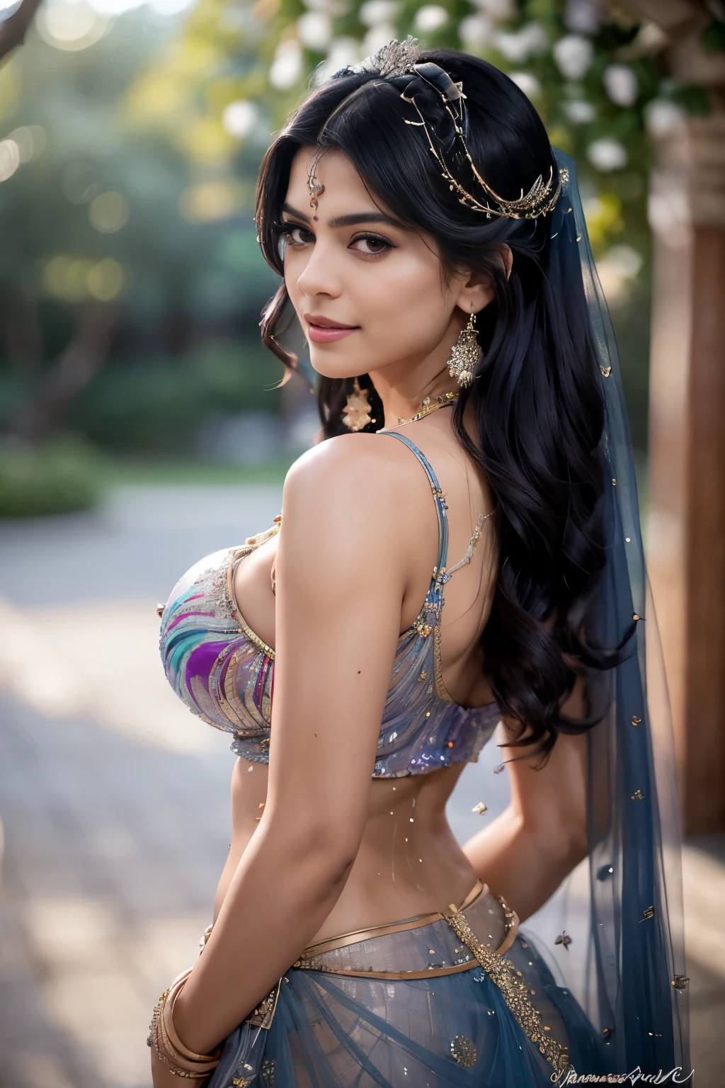 (((Stunningly Beautiful persian Princesss ))), elegant blue black updo hair,    sweet smile, Beautiful bride posing under a fairy tale arch of exotic magical flowers, looking back,elaborate scene style, crystal glass lattice, glitter, transparent embroidered lace, realistic style, 8k,exposure blend, medium shot, bokeh, (cinematic),  (hyperdetailed:1.2),Realism,1 girl,girl wearing indian saree(dressed in transparent saree)(wearing glitter graphics jewelry, medium boobs ,Sexy medium Breast,nipple,bright light ,long_hair, Bokeh ,nsfw , indian ,tree branch, colourfull , princess dress,lehenga choli