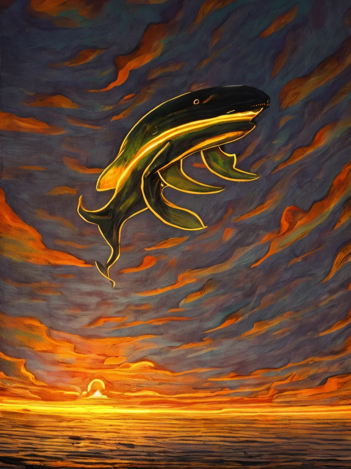 ((The fire light forms the silhouette of the whale)),((Transparent whale with firefly effect)),(Shining with golden light),Floating on the surface of the sea,siluette,cleanness,nigth,People who want to raise their heads,Wide-angle image,,super detailing,best qualtiy,tmasterpiece,(8K),Extremely detailed,Epic artwork