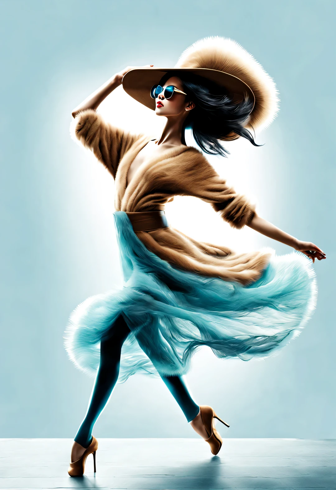 (Modern art dance simple poster design), (Half-length close-up), (Beautiful Chinese girl dancing in the air), (Wearing sunglasses and a hat: 1.2), (Clever use of warm camel and soft ice blue), With rich wool texture and fur elements, Create a warm, timely winter-inspired look, (briefcase dance: 0.85), Wear modern and stylish winter fashion, thin waist, high nose bridge, Head up posture, sad yet beautiful, slender figure, Exquisite facial features, correct finger, swirling fog illustration, ink painting, black hair, Princess curly long hair, Proud, Surrealism, contemporary art photography, action painting illustration, abstract expressionism, Pixar, depth of field, motion blur, backlight, Fall out, decline, Elevation viewing angle, Sony FE General Manager, ultra high definition, masterpiece, Accuracy, textured skin, Super details, high detail, high quality, Award-winning, best quality, Level, 16k, Shot from a bottom-up perspective,