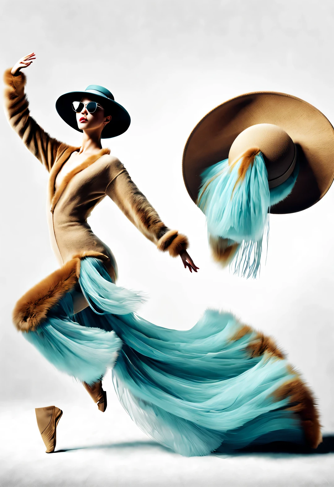 (Modern art dance simple poster design), (Half-length close-up), (Beautiful Chinese girl dancing in the air), (Wearing sunglasses and a hat: 1.2), (Clever use of warm camel and soft ice blue), With rich wool texture and fur elements, Create a warm, timely winter-inspired look, (briefcase dance: 0.85), Wear modern and stylish winter fashion, thin waist, high nose bridge, Head up posture, sad yet beautiful, slender figure, Exquisite facial features, correct finger, swirling fog illustration, ink painting, black hair, Princess curly long hair, Proud, Surrealism, contemporary art photography, action painting illustration, abstract expressionism, Pixar, depth of field, motion blur, backlight, Fall out, decline, Elevation viewing angle, Sony FE General Manager, ultra high definition, masterpiece, Accuracy, textured skin, Super details, high detail, high quality, Award-winning, best quality, Level, 16k, Shot from a bottom-up perspective,