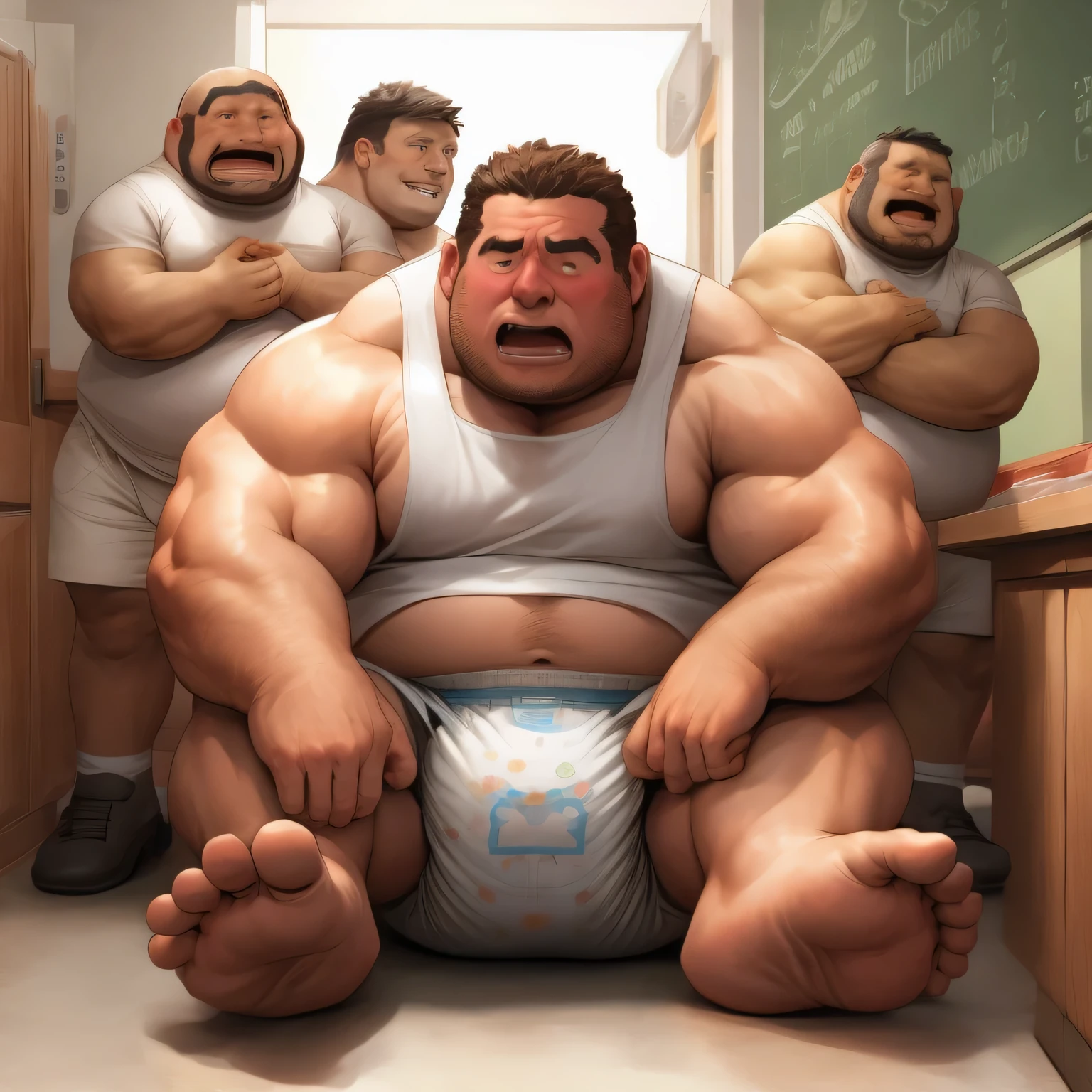 masterpiece,highest quality, In 8K, the fat man is a cruel prisoner, delay, human, 50s, (obesity: 1.0), fatty muscle, bowl leg, he is pressing his heels together, despondency, I was incontinent, 50s, waddle, There is a small puddle at my feet, I was incontinent, naked, short legs, bowl leg, spread your legs, 白い布おむつとフリルの付いたかわいいDroolかけを着用してください, cardboard diaper, Pampers, nakedのお腹, naked足, naked足, nakedの靴底, 上半身naked, wide forehead and short thin hair, A man with a big face and stubble, naked足, nakedの靴底, shy, sob, embarrassing, bright skin tone, Drool, round face, vapor, alone, She enters a nursery school but is looked down upon by the children., he was surrounded by children