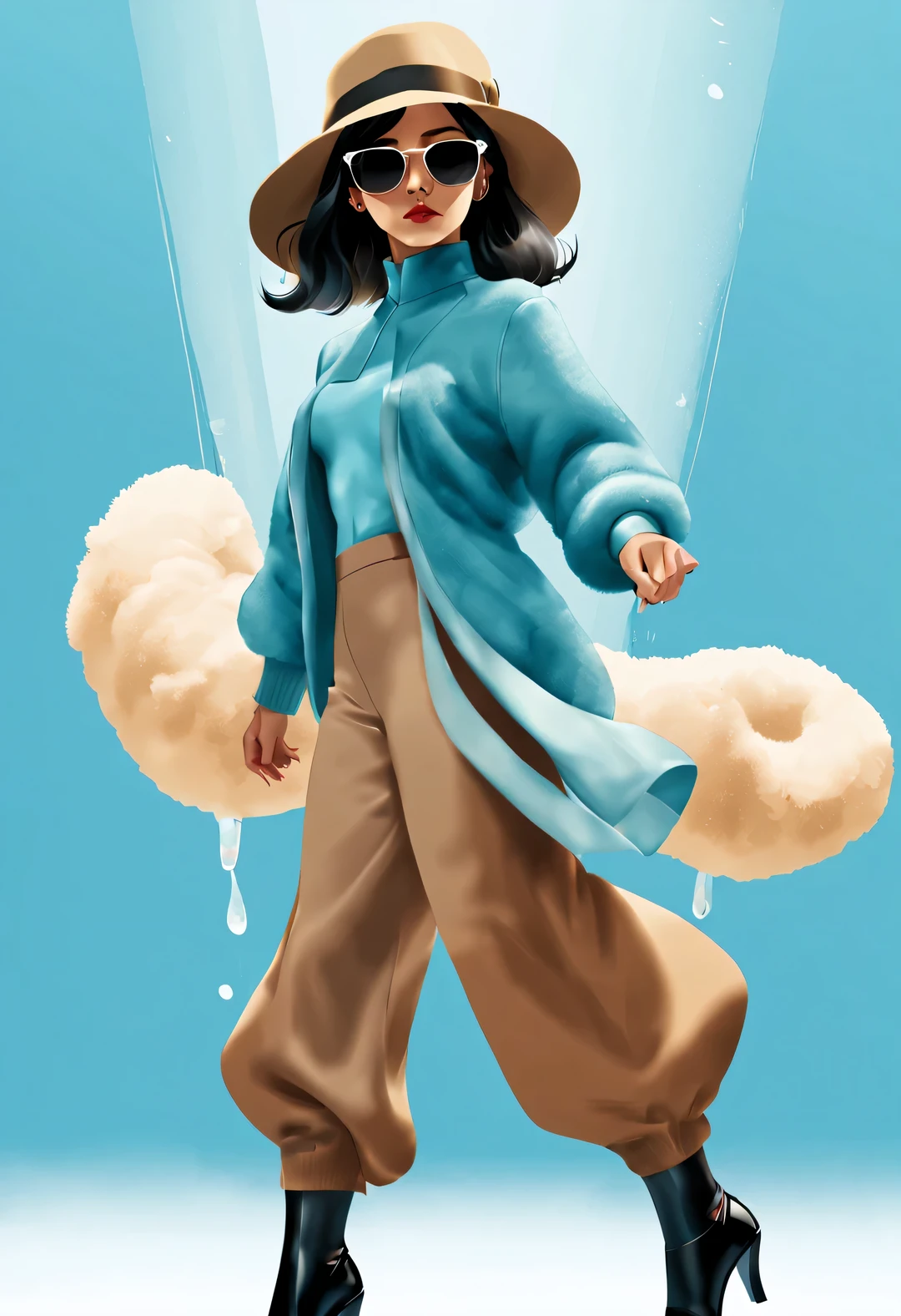 (Modern art dance simple poster design), (Half-length close-up), (Beautiful Chinese girl dancing in the air), (Wearing sunglasses and a hat: 1.2), (Clever use of warm camel and soft ice blue), With rich wool texture and fur elements, Create a warm, timely winter-inspired look, (briefcase dance: 0.85), Wear modern and stylish winter fashion, thin waist, high nose bridge, Head up posture, sad yet beautiful, slender figure, Exquisite facial features, correct finger, swirling fog illustration, ink painting, black hair, Princess curly long hair, Proud, Surrealism, contemporary art photography, action painting illustration, abstract expressionism, Pixar, depth of field, motion blur, backlight, Fall out, decline, Elevation viewing angle, Sony FE General Manager, ultra high definition, masterpiece, Accuracy, textured skin, Super details, high detail, high quality, Award-winning, best quality, Level, 16k, Shot from a bottom-up perspective,