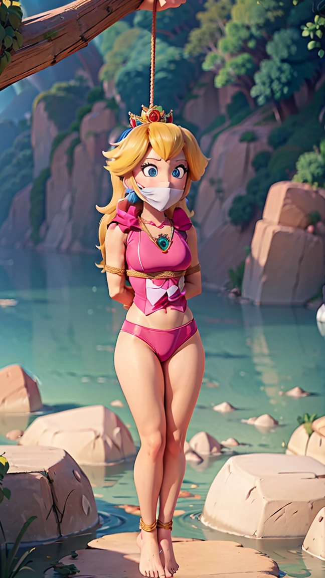 Princess Peach, (((wearing a beatifull bikini))), huge breasts, upper body, masterpiece,8k, best quality, good hands,good eyes, pixarstyle, 1girl, solo, style,parody,3d,long hair, detail hair, blonde hair, maximum detail, intricate detail, extremely clear, beach, nsfw, smile, shy, blush, embaressed, ((long hair)), (tall girl), (solo, 1 girl), ((shibari, arms behind back : 1.4)) , ( full face otn gag mask), (full body view),((toes to head view)), ,((full body model)), ((complete body view photo)), ((standing)), Scared, (Skinny), view the viewer, ((shibari, bound arms, arms back behind:1.4)), tied in a wood pole, (underwater reef), ((tight full face latex mask)), (otn gag), gagged, ((rope around the neck)), ((rope noose on the neck)), ((suspension bondage)), ((((suspension neck)))), (((gallow suspension)), ((wearing a rope necklace))), ((peach hangint in the air)), ((playing hangman))