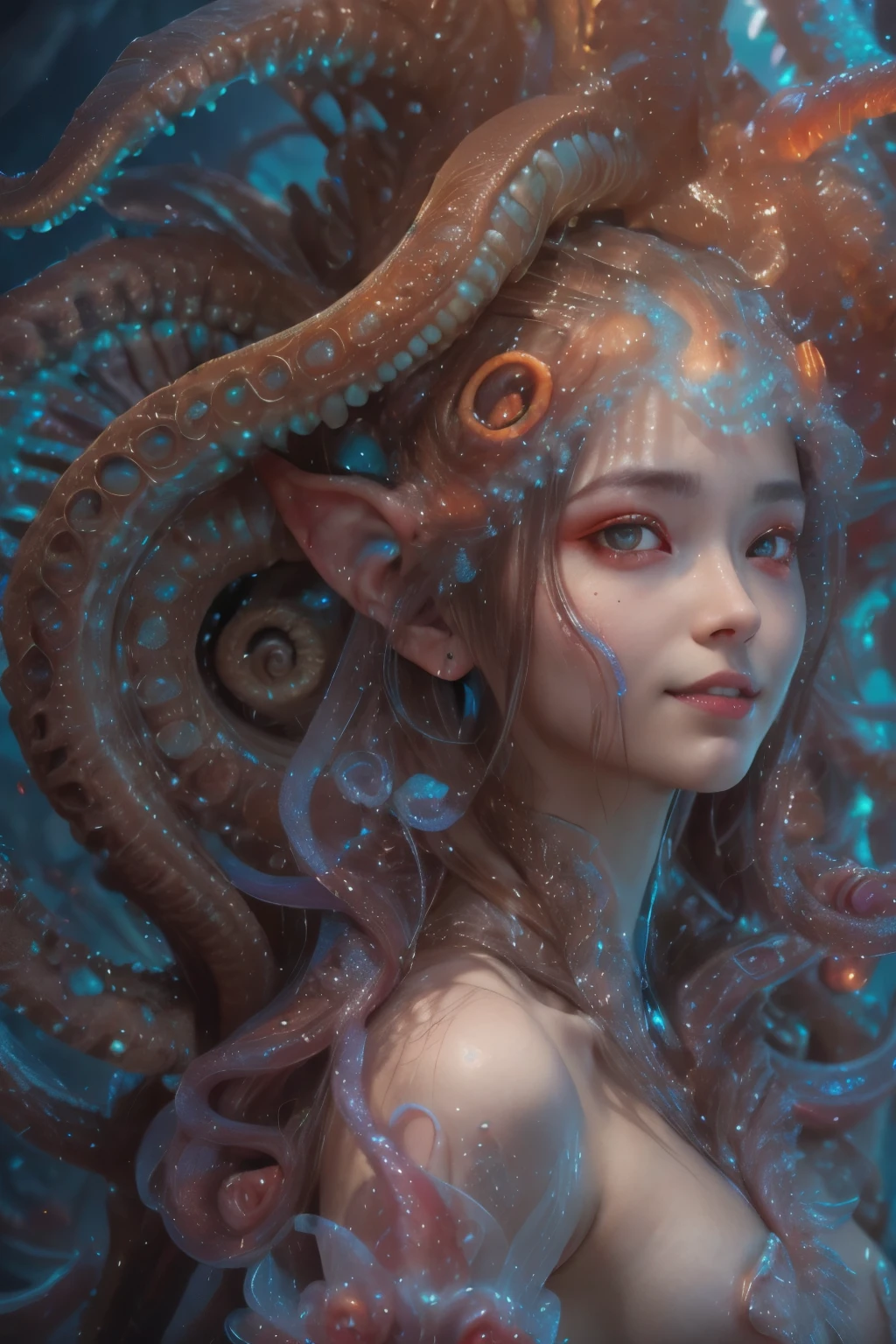 scary and sexy detailed art in color, Portrait, (beautiful and obscene female alien:1.4), (vulgarity1.7), (she has red eyes with no pupils:1.8), (Translucent white skin:1.7), (There is a female genital-like organ in the middle of the forehead:1.9), (The most beautiful face in the history of the universe:1.2),an evil gaze that seduces, (large mouth:1.1), (sharp teeth like a vampire:1.2), Full body portrait, (bio luminescent:1.5), (Smile wickedly:1.3), (sexypose:1.5), alien, No humans, cells are fused, (Lots of translucent tentacles:1.3) extraterrestrial, cell, bio image, best quality, 8K, In 4K_quality, High freshness, Dramatic Lighting, masutepiece:1.5,cinematic quality, detail up, (exquisite details:1.2), high resolution, High freshness, drawing faithfully, (Thick eyebrows:1.2), Beautiful eyes with fine symmetry,(Highly detailed face and eyes:1.2), Intimate face, (Super detailed skin quality feeling:1.4), perfect anatomy, (Beautiful toned body:1.5), (Moist skin:1.2), not wearing makeup, (dark circles:1.1), long canines, cinematic drawing of characters, ultra high quality model, cinematic quality, detail up, (exquisite details:1.2), high resolution, High freshness, drawing faithfully, official art, Unity 8K Wall paper, best quality, Very high resolution, ultra detailed artistic photography, midnight aura, unreal engine 5, Ultra Sharp Focus, art by Amano Yoshitaka, ArtGerm, Roisch, intricate artwork, best quality, masterpiece, ultra high resolution, (photos realistic:1.4), ultra realistic realism, dream-like, nautilus, Creation of fantasy, Snail, Dream Snail, (biopunk nautilus:1.3),Thrilling color schemes, ultra realistic realism, seductively smiling, Blue tentacles, Amazing mutation, well-proportioned body, goddess of the deep sea
