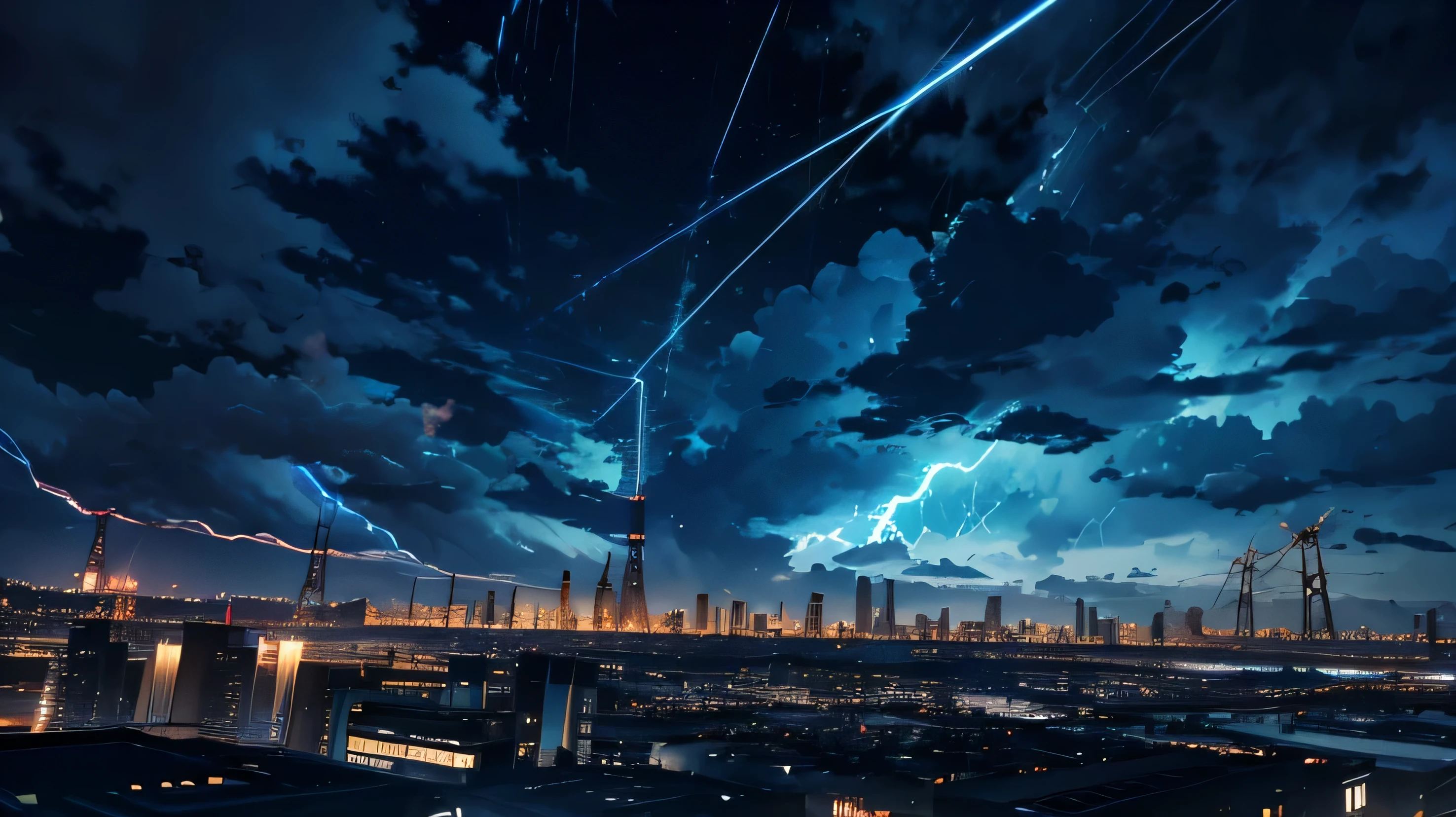 black blue night sky, big lightning in the middle, lightning everywhere, power towers