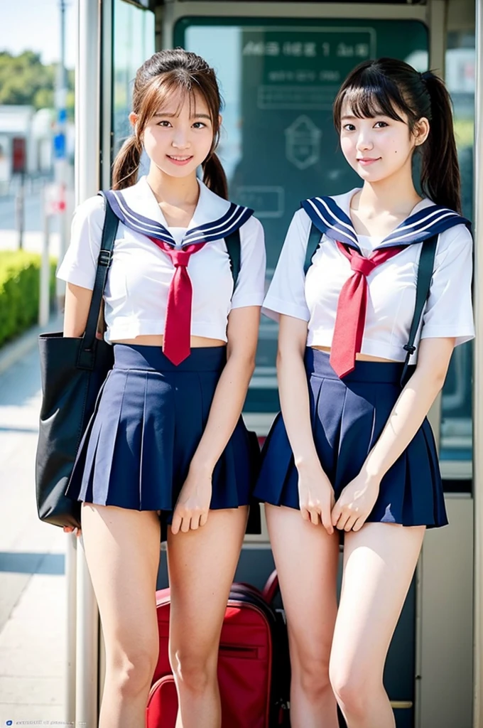 Two girls standing at a crowded bus stop,White sailor school swimsuit,Red Tie,Small school bag,18 years old,Bangs,a little smile,thigh,knees,crotch,short hair,ponytail,from below