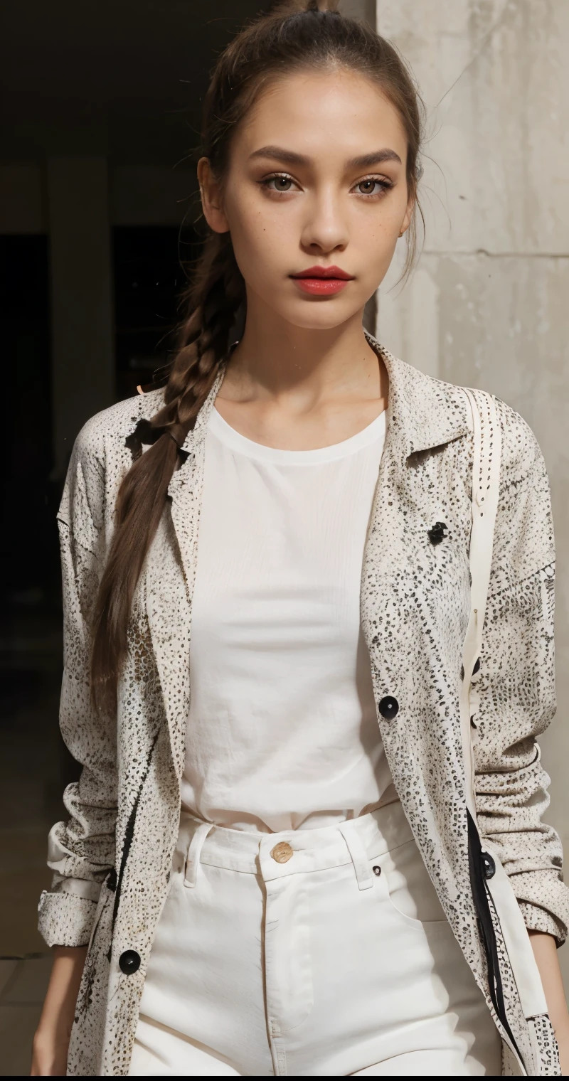 Beautiful skinny girl, elongated face and thin chin, freckles, brown ponytail hair, brown eyes, red lipstick, beautiful makeup, white skin, with patterned t-shirt , black pants, a black jean coat , sexy style