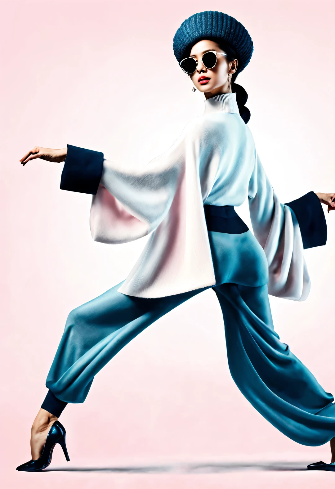 (Modern art dance simple poster design), (Half-length close-up), (Beautiful Chinese girl dancing in the air), (Wearing sunglasses and woolen hat: 1.2), (Soft pink contrasts with deep navy), Show the warmth and depth of winter, Both fashionable and with a touch of gentle feminine charm. Wear modern and stylish winter fashion, slim waist, high nose bridge, Head up posture, sad but beautiful, slim figure, Exquisite facial features, correct finger, background: briefcase dance, fog map, ink painting, black hair, Princess curly long hair, proudly, Surrealism, contemporary art photography, action illustration, abstract expressionism, Pixar, depth of field, motion blur, backlight, Falling shadows, Vignetting, Looking up, Sony FE General Manager, ultra high definition, masterpiece, Accuracy, textured skin, Super details, high detail, high quality, Award-winning, best quality, grade, 16k, Photographed from a bottom-up angle,