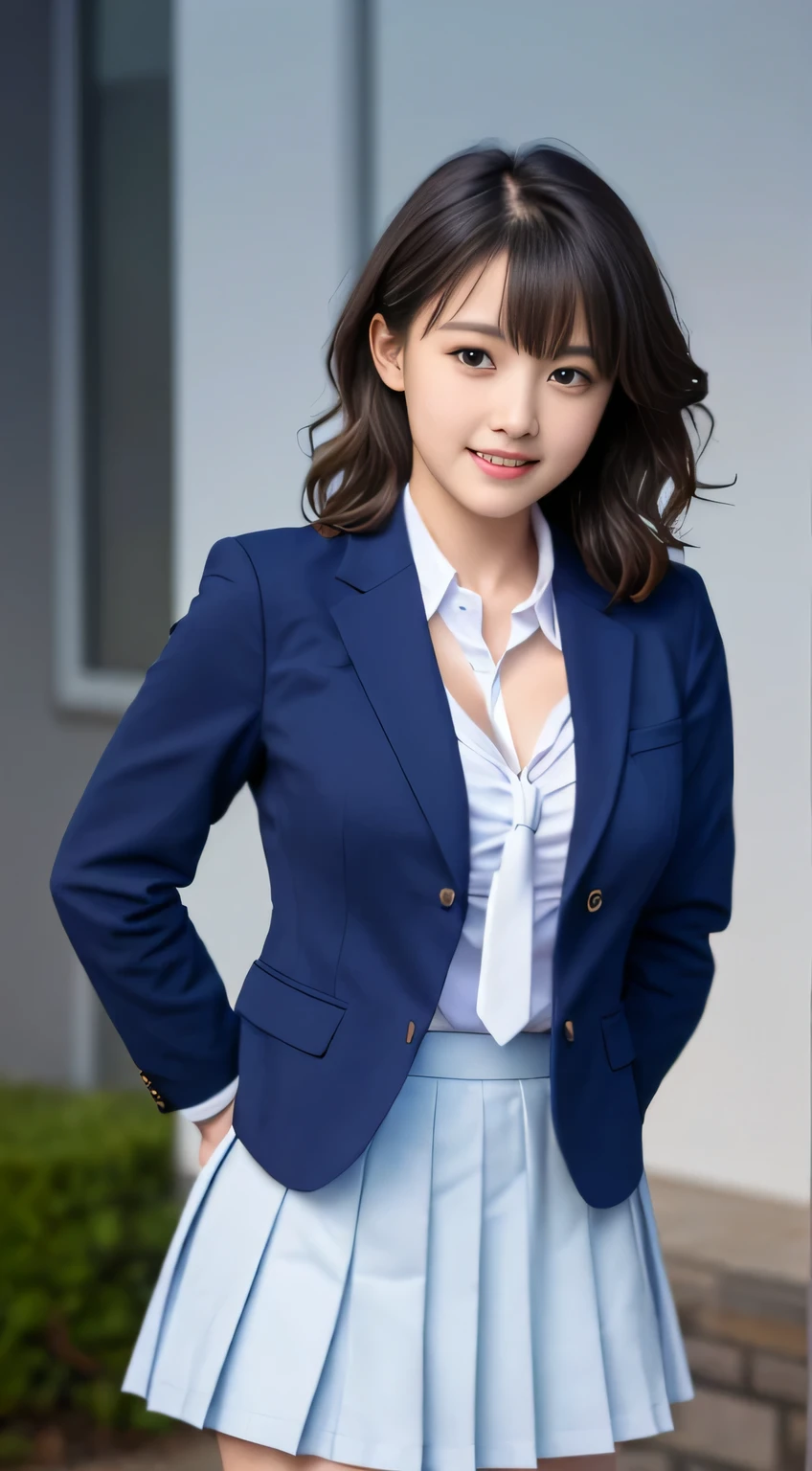 8K, highest quality, real image, intricate details, Super detailed, ultra high resolution, depth field,(realistic,realistic:1.2),table top , frontal shot , From the middle , 1 girl, eye_Chan, very beautiful girl, innocent big eyes,、beautiful breasts:1.5、非常に詳細なeye:1.2)、(beautiful breasts:1.1)、wavy hair、curly hair、bangs、, perfect skin, Fair skin, huge breasts, hands-on、cleavage, tight waist, light blush, alone, looking at the viewer, light smile, ((School_uniform),(dark blue blazer), (white shirt、Wearing a tie), (gray pleated skirt), (sculpture installation :1.1)