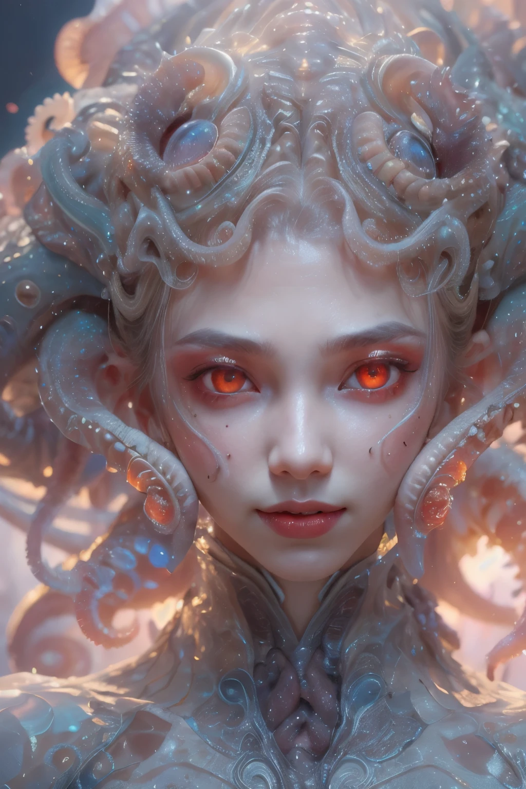 scary and sexy detailed art in color, Portrait, (beautiful and obscene female alien:1.4), (vulgarity1.7), (she has red eyes with no pupils:1.8), (Translucent white skin:1.7), (There is a female genital-like organ in the middle of the forehead:1.9), (The most beautiful face in the history of the universe:1.2),an evil gaze that seduces, (large mouth:1.1), (sharp teeth like a vampire:1.2), Full body portrait, (bio luminescent:1.5), (Smile wickedly:1.3), (sexypose:1.5), alien, No humans, cells are fused, (Lots of translucent tentacles:1.3) extraterrestrial, cell, bio image, best quality, 8K, In 4K_quality, High freshness, Dramatic Lighting, masutepiece:1.5,cinematic quality, detail up, (exquisite details:1.2), high resolution, High freshness, drawing faithfully, (Thick eyebrows:1.2), Beautiful eyes with fine symmetry,(Highly detailed face and eyes:1.2), Intimate face, (Super detailed skin quality feeling:1.4), perfect anatomy, (Beautiful toned body:1.5), (Moist skin:1.2), not wearing makeup, (dark circles:1.1), long canines, cinematic drawing of characters, ultra high quality model, cinematic quality, detail up, (exquisite details:1.2), high resolution, High freshness, drawing faithfully, official art, Unity 8K Wall paper, best quality, Very high resolution, ultra detailed artistic photography, midnight aura, unreal engine 5, Ultra Sharp Focus, art by Amano Yoshitaka, ArtGerm, Roisch, intricate artwork, best quality, masterpiece, ultra high resolution, (photos realistic:1.4), ultra realistic realism, dream-like, nautilus, Creation of fantasy, Snail, Dream Snail, (biopunk nautilus:1.3),Thrilling color schemes, ultra realistic realism, seductively smiling, Blue tentacles, Amazing mutation, well-proportioned body, goddess of the deep sea