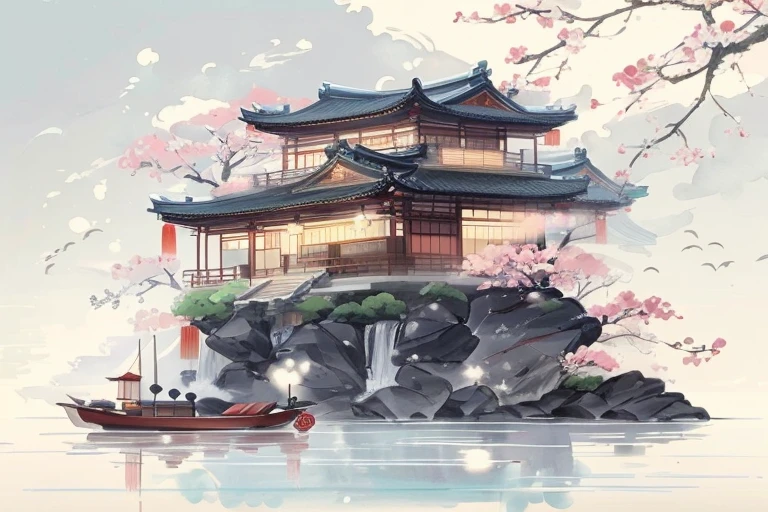 Painting of a boat floating in the water near a building, Japanese art style, Chinese watercolor style, Digital painting of pagoda, author:Yang Jie, Japanese style, Japanese traditional concept art, Chinese style, author:Raymond Han, Chinese painting style, 2 5 6 x 2 5 6, 256x256, author:Victor Wang, anime background art