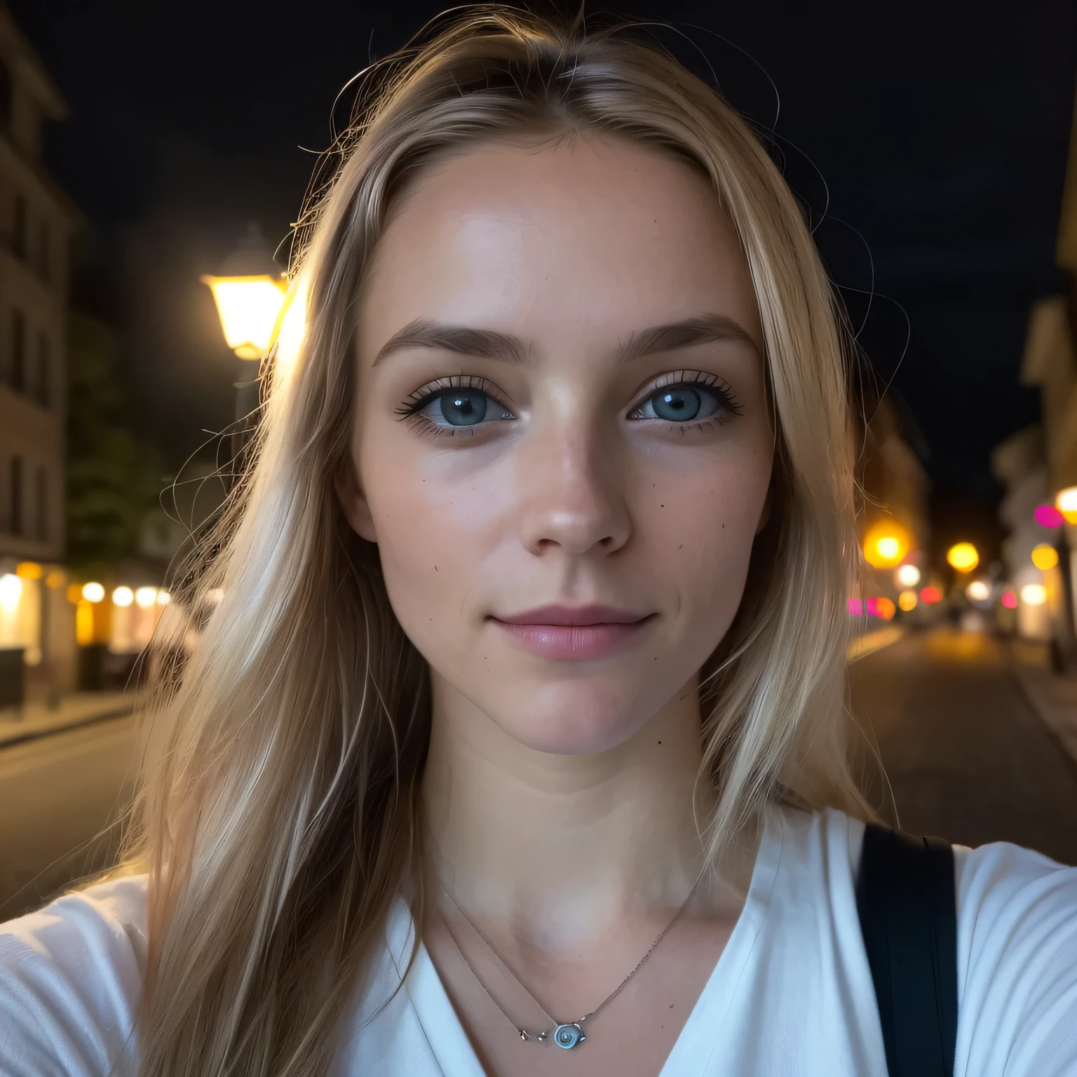 (Selfie, Plan: 1.4), (Right half of the body: 1.4), RAW UHD portrait photo of a 24-year-old blonde (Femme aux yeux bleus) Marcher dans une ruelle sombre, gros seins,, Ville la nuit, (rocher), (Encolure), specifics (Tissu! , Cheveux! , Briller, Couleur!! , disadvantages: 1.1), Bright eyes with a high level of detail (staring into the camera), SLR lighting, Appareil photo reflex mono-objectif, ultra quality, re sharpness, profondeur de champ, Filmkorn (Milieu), Fujifilm XT3, Limpide, Rahmenmitte, beau visage, mise au point nette, street lamp, Neonbeleuchtung, Bokeh (dimly lit), Nuit, (Ciel nocturne), Detailed skin pores, peau grasse, Coup de soleil, Complex eyesDetails, corps entier entier, gros seins