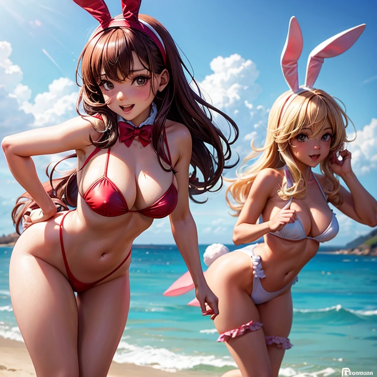 Chica con un  bunny suit de playboy y medias de red en la playa