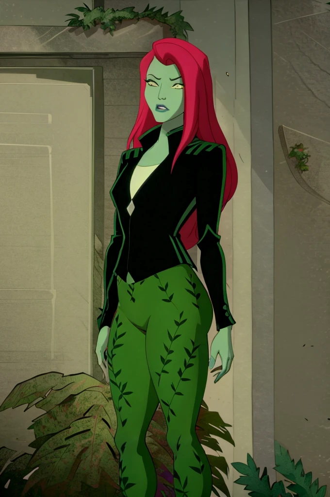 Poison ivy, tight pants, butt, seductive, thick thighs, night sky view, realistic, best quality, masterpiece, ultra detail, ultra high res, extreme detail