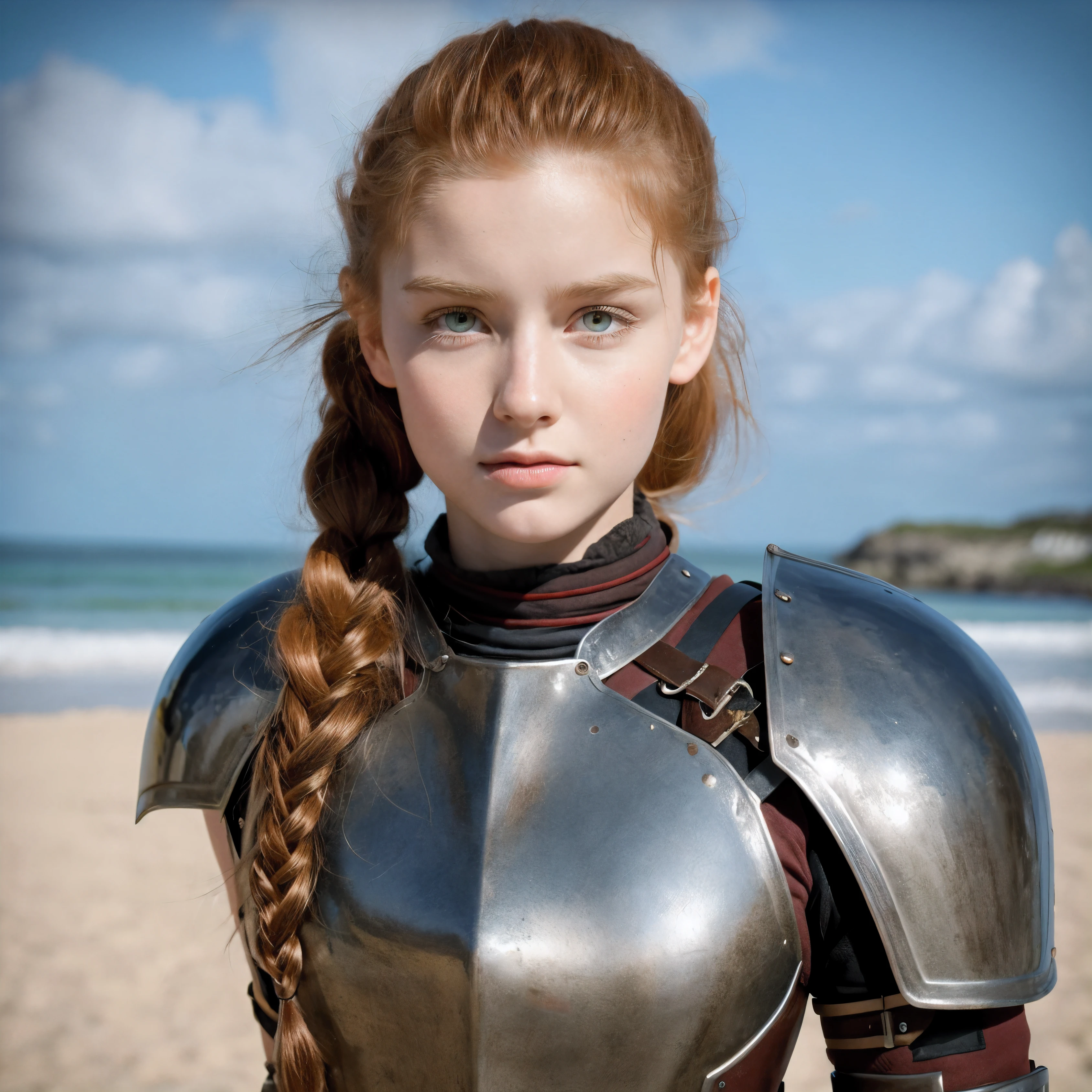 Norwegian girl ,Red-haired ponytail, dusty face, Wearing leather armor, against the background of a sandy beach, sword in hands, Wind, photorealism, sharp focus, Realistic facial skin, oppressive atmosphere,view,erotic face、Medieval knight、Beautiful 13 year old girl、hazel eyes、full body photo、Beautiful girl wearing white sarouel pants、whole body posture